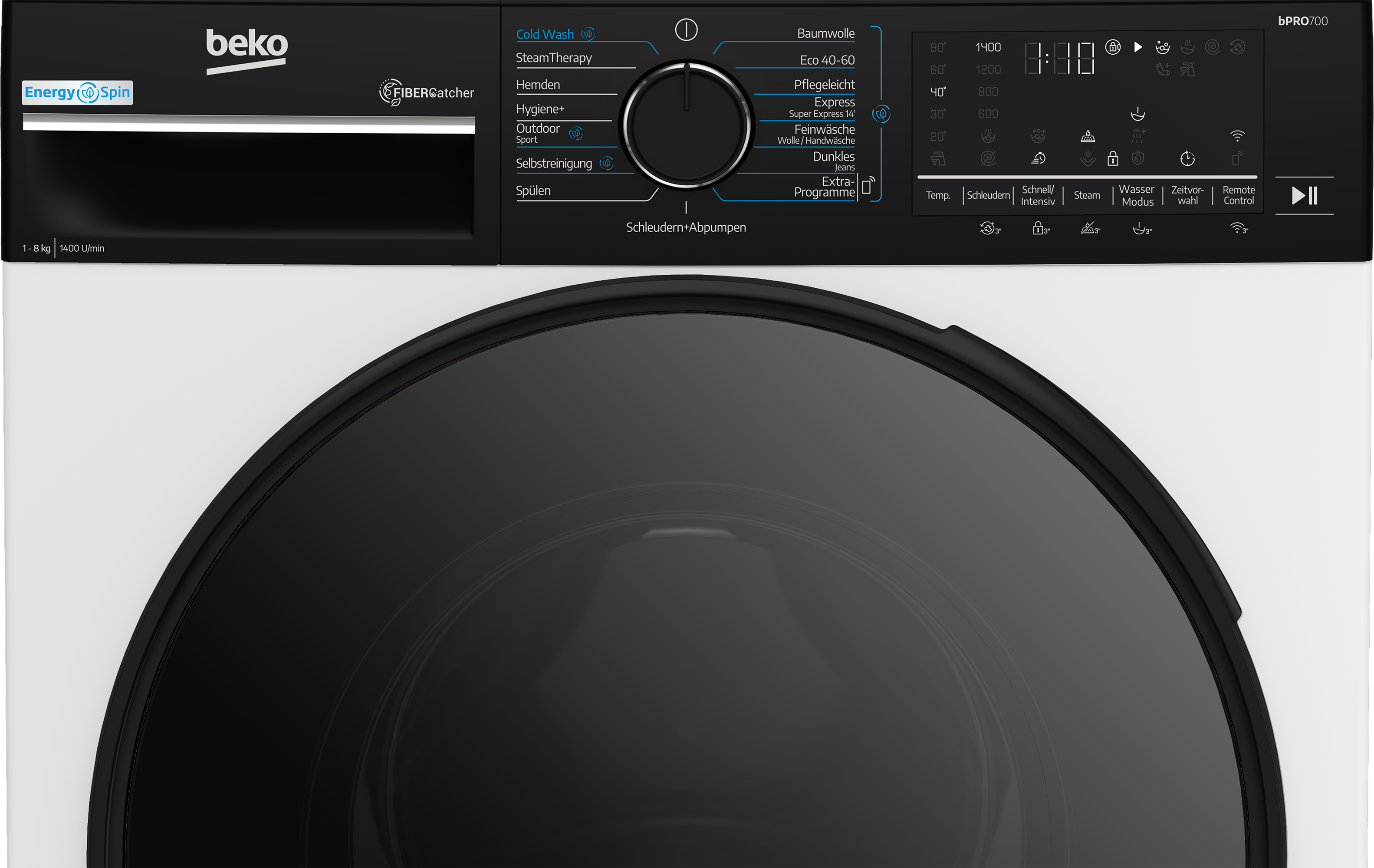 Eine schwarz-weiße Beko-Waschmaschine. Sie hat ein digitales Display, einen Drehregler und eine dunkle Tür.