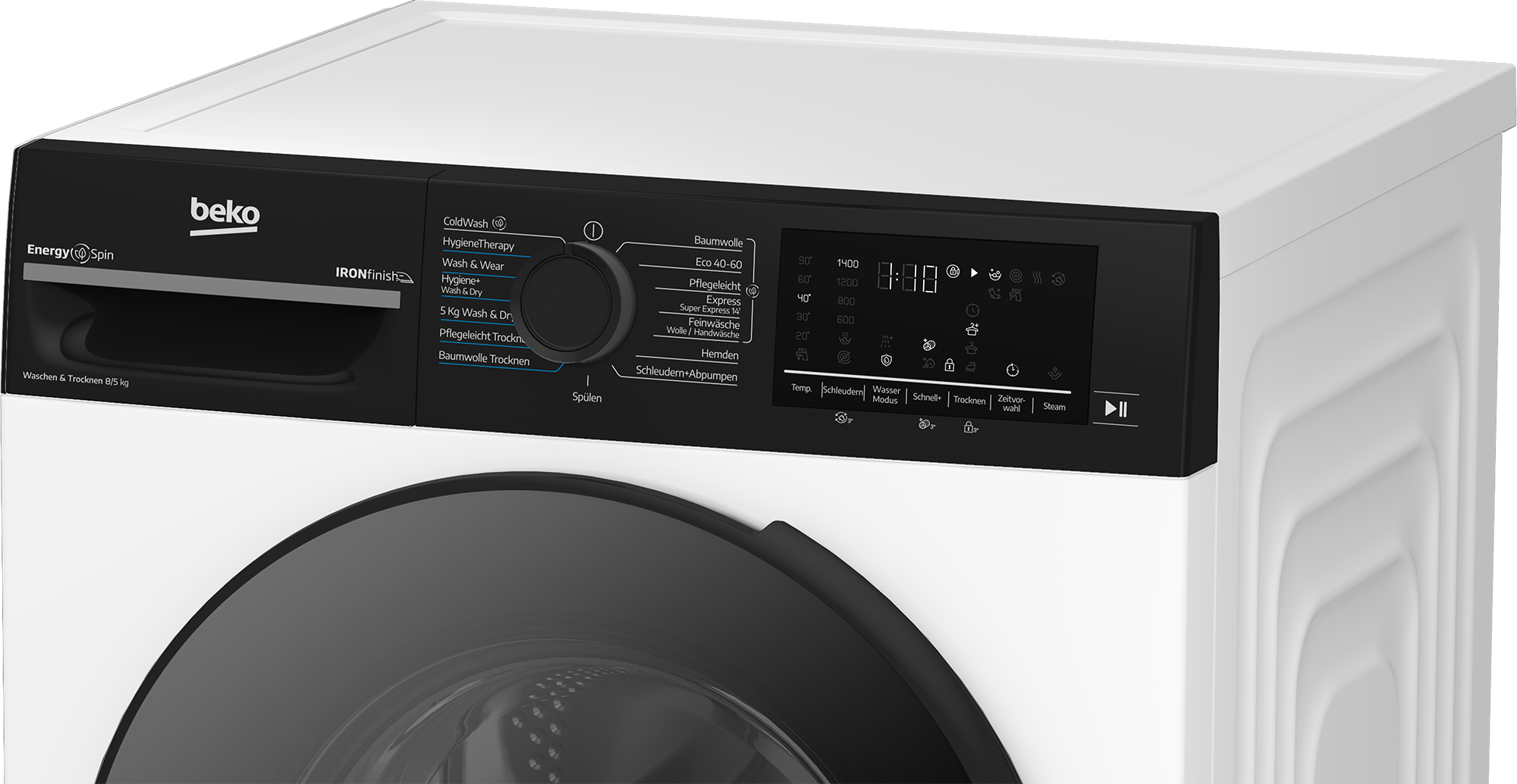 Eine weiße Beko-Waschmaschine mit schwarzem Bedienfeld. Sie hat einen Drehregler und eine Digitalanzeige für Einstellungen.