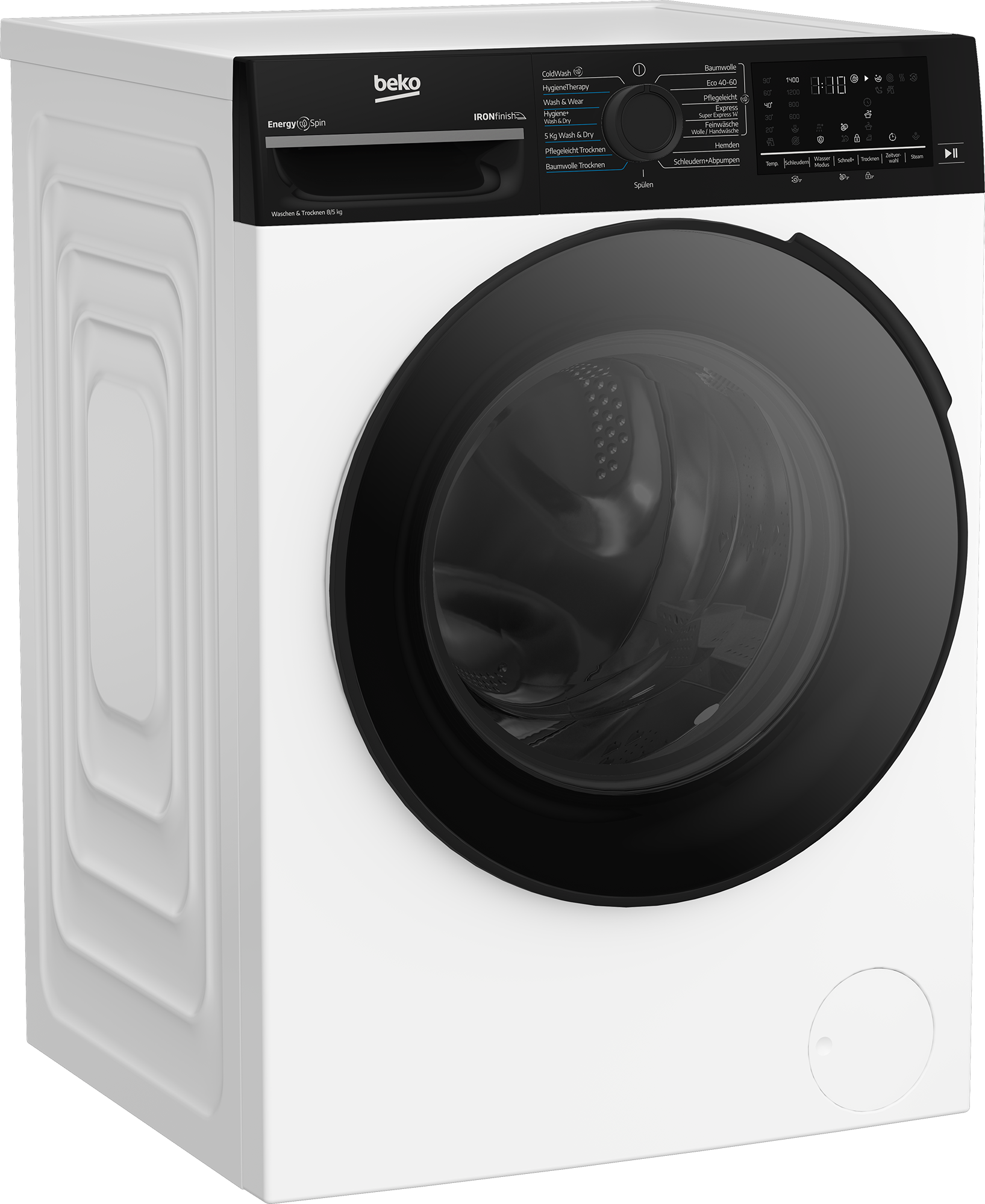 Eine weiße Beko-Waschmaschine. Sie hat eine schwarze Tür und ein Bedienfeld mit Einstellungen.