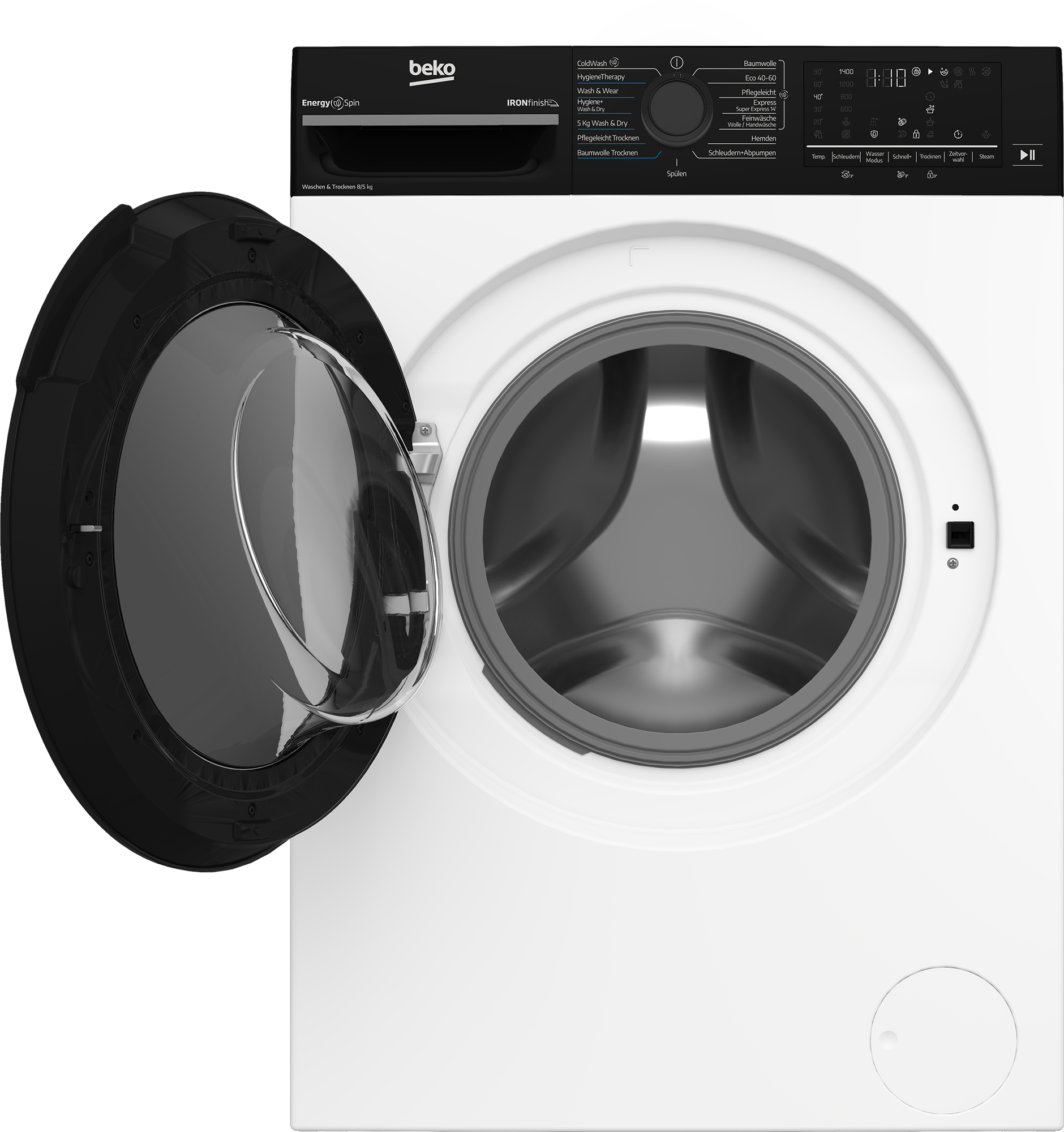 Eine weiße Beko Waschmaschine mit offener schwarzer Tür. Bedienfeld oben. Die Trommel ist sichtbar.