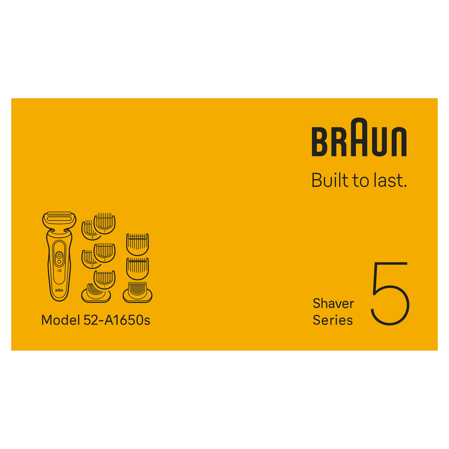 Een oranje achtergrond toont een Braun-scheerapparaat met accessoires, het merklogo en de tekst "Built to last." en "Shaver Series 5".