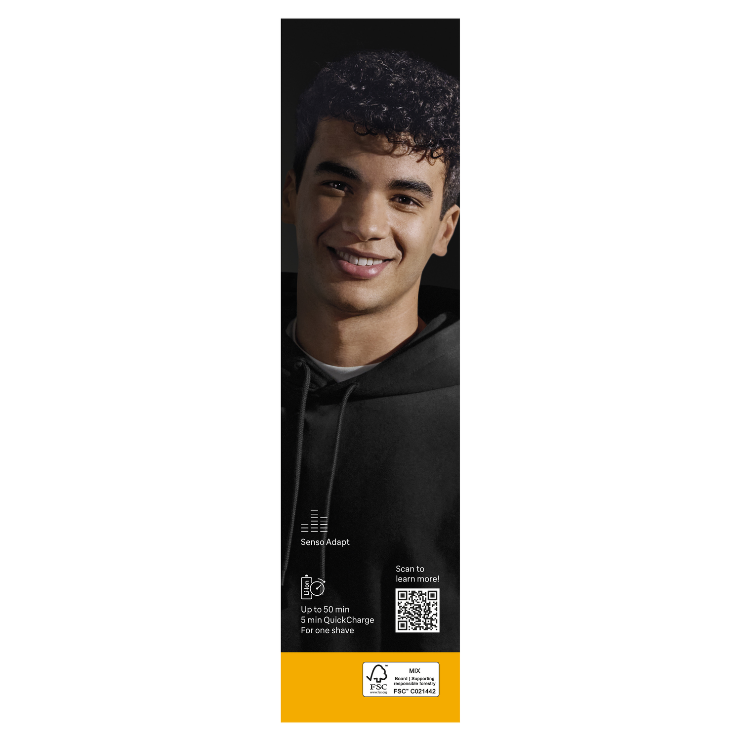 Een lachende man in een zwarte hoodie. Tekst bevat 'SensoAdapt', 'Tot 50 min' en een QR-code op een oranje achtergrond.