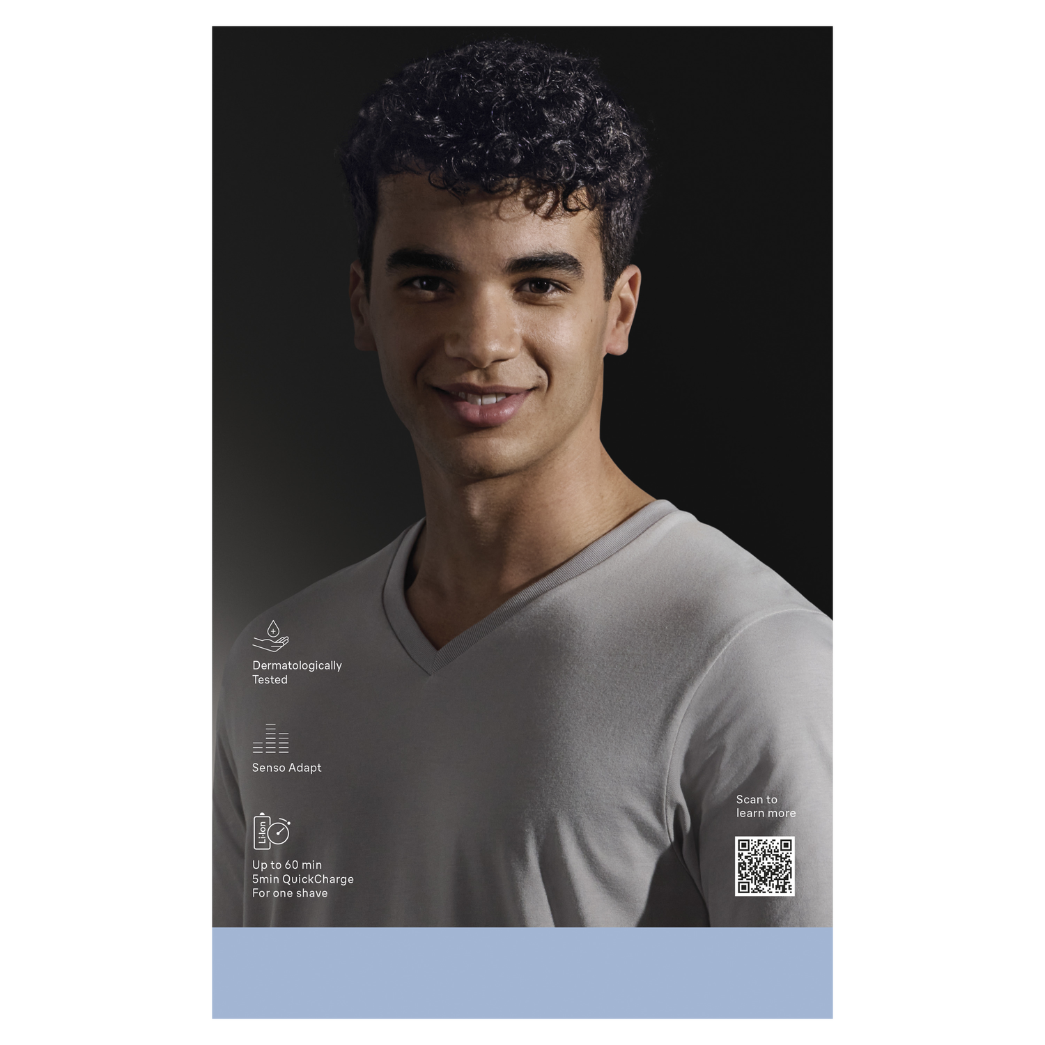 A young man smiles, wearing a gray shirt. Product details: dermatologically tested, Senso Adapt, up to 60 mins, 5 min QuickCharge.