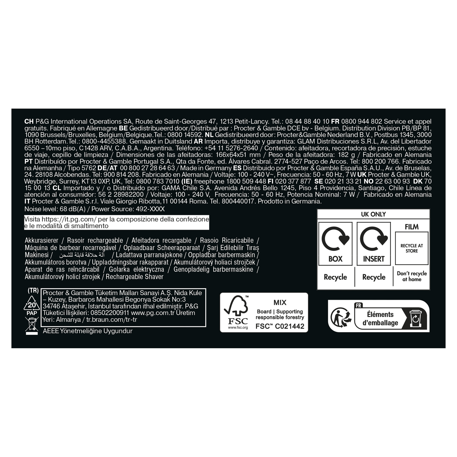 Product packaging with recycling symbols, text, and a logo.