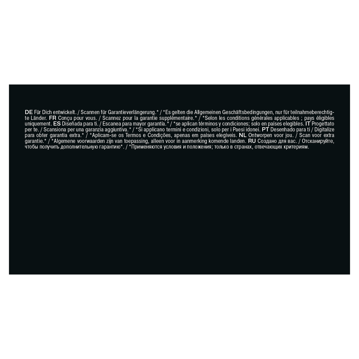 Text in multiple languages on a black background, including German, French, Spanish, Italian, Portuguese, Dutch, and Russian.