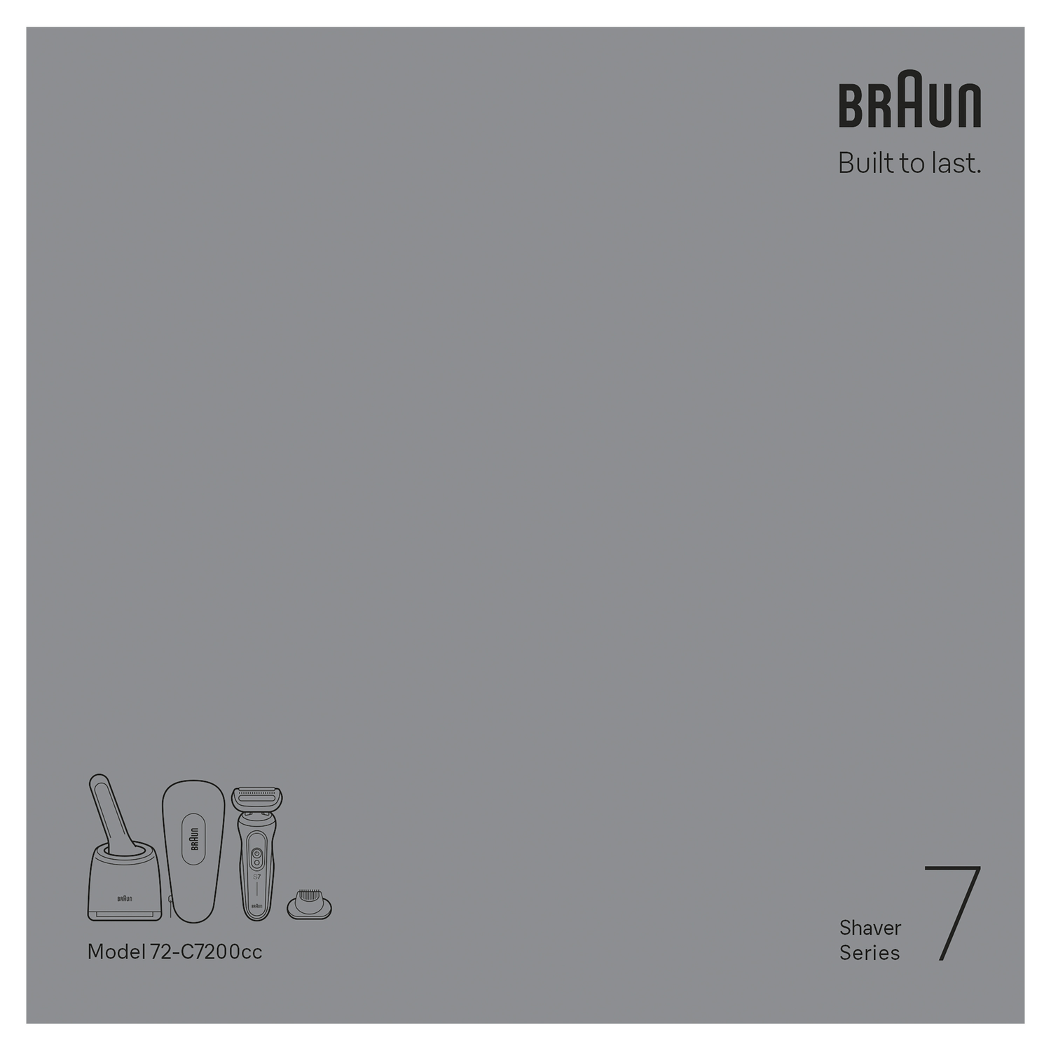 Gray background with Braun shaver and accessories. Text includes "BRAUN", "Built to last", and "Shaver Series 7".