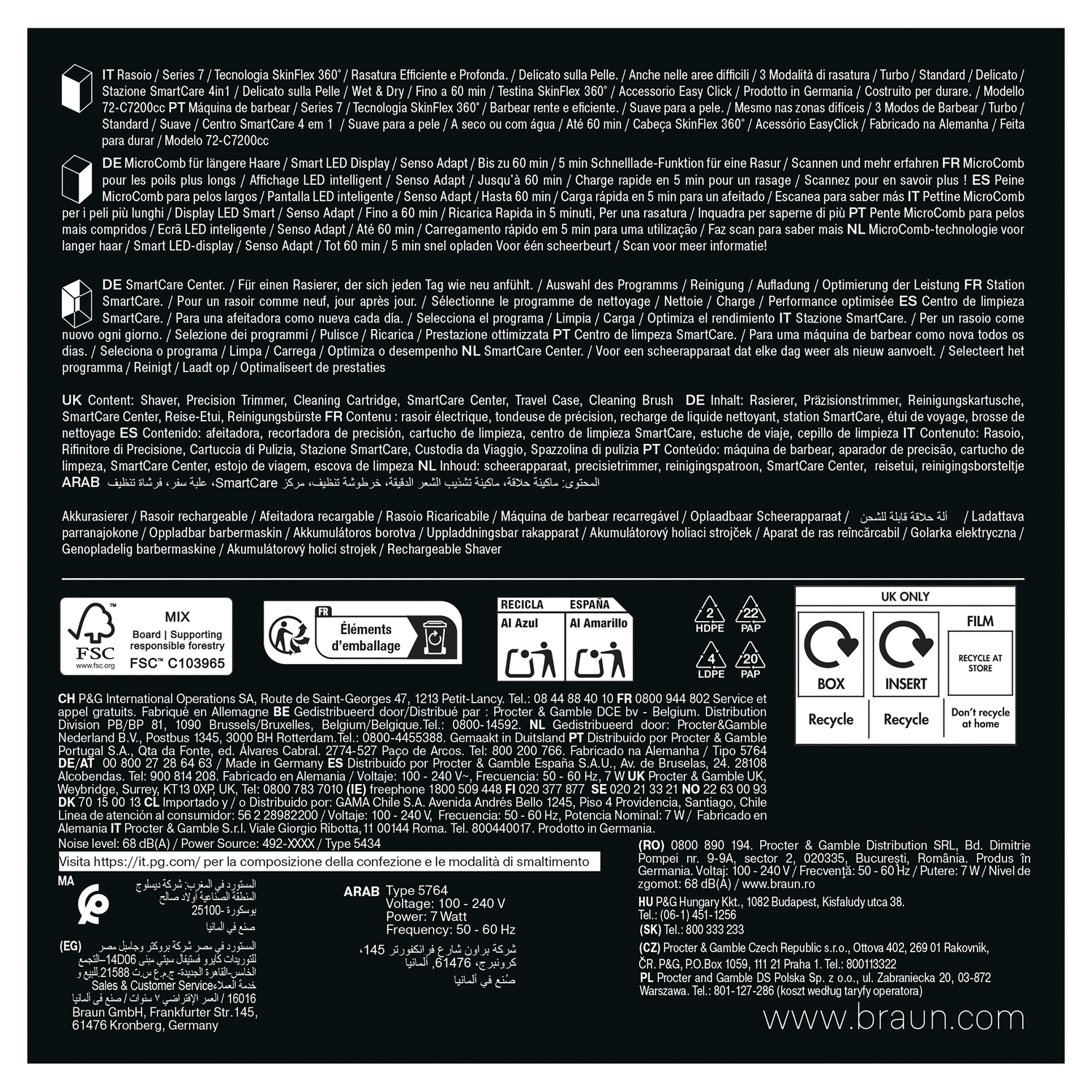 A product package with text and symbols, including recycling information.