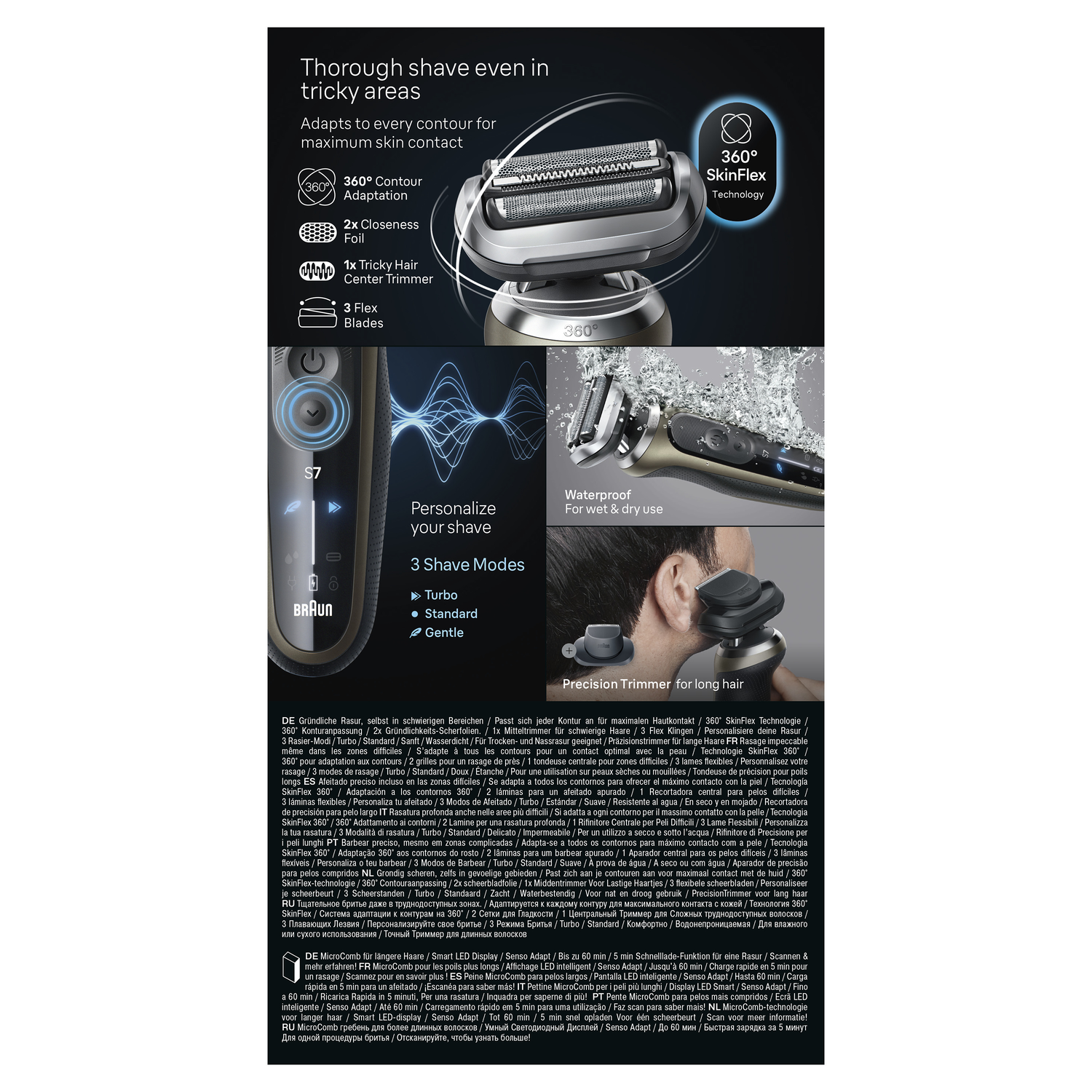 Braun elektrisch scheerapparaat met precisietrimmer. Zwart en zilver.