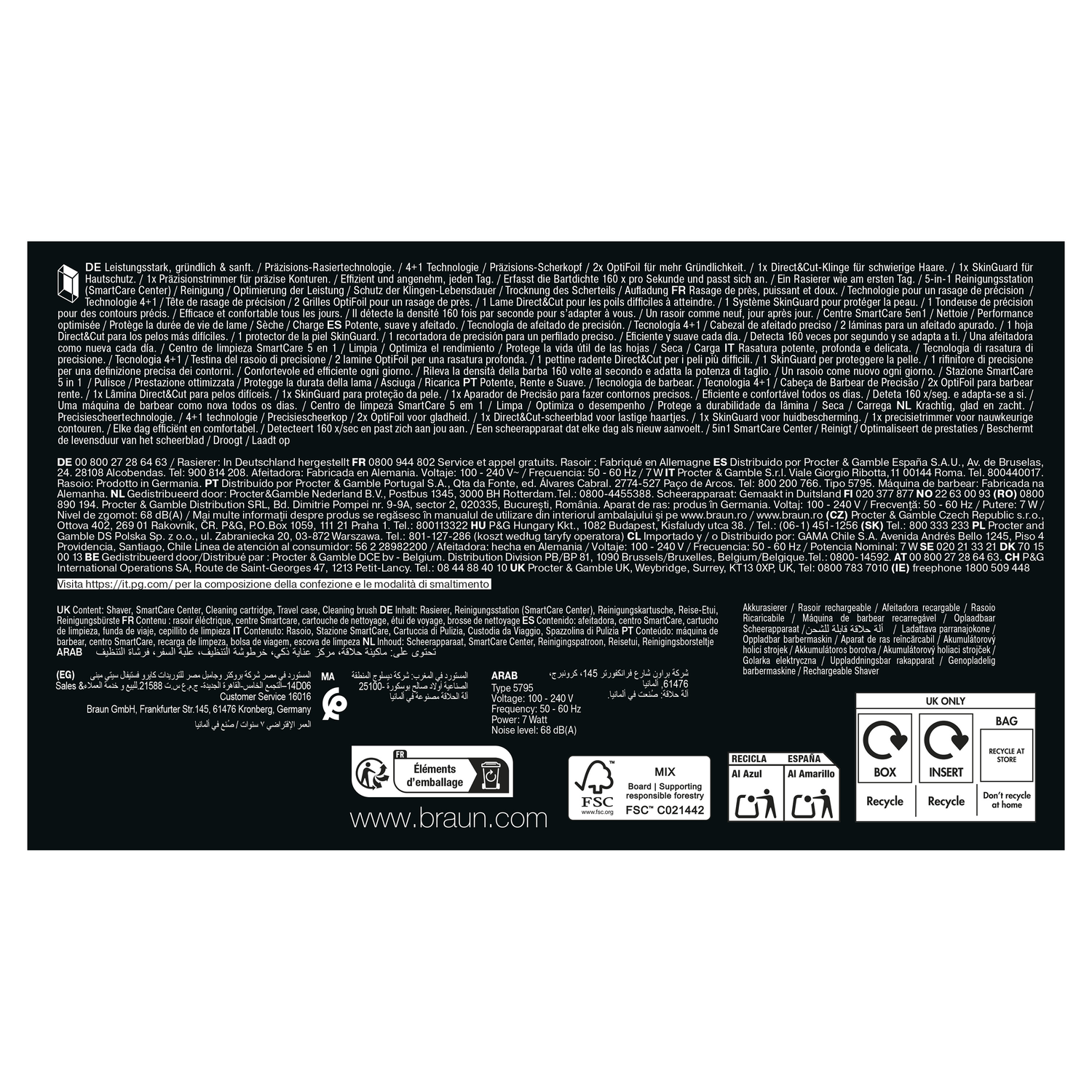 Braun product packaging with text and graphics, including recycling symbols and product information.