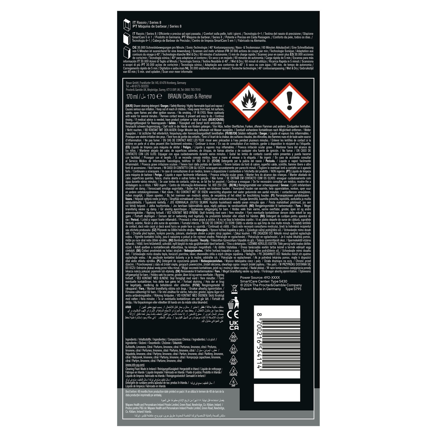 Warning labels on a black bottle. It includes flammable symbols and text.