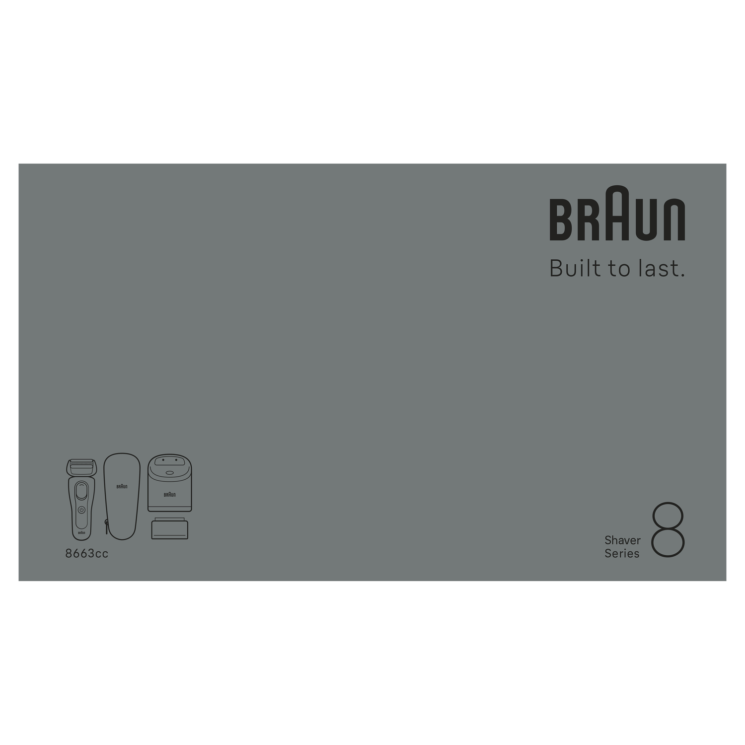 Image shows Braun shaver parts. Text says Braun, Built to last, and Shaver Series 8. Model number 8663cc is present.