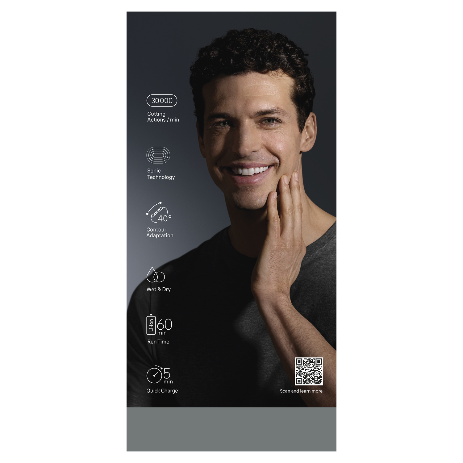 A smiling man with curly hair touches his jaw. Icons indicate features of a shaver: cutting actions, sonic tech, wet & dry, run time, quick charge.