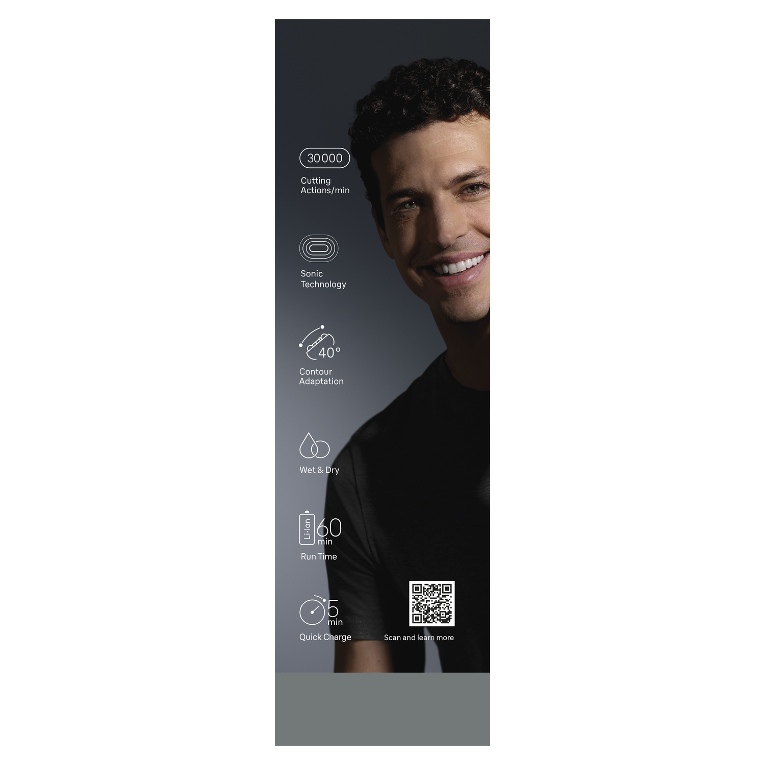 A man smiles, with text beside him. It lists features: cutting actions, sonic technology, contour adaptation, wet & dry, run time, and quick charge.