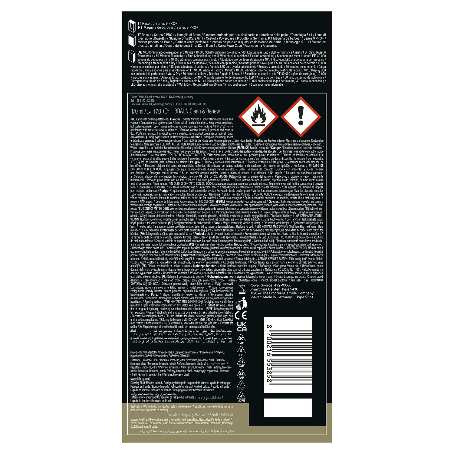 A bottle with warning labels and product information.