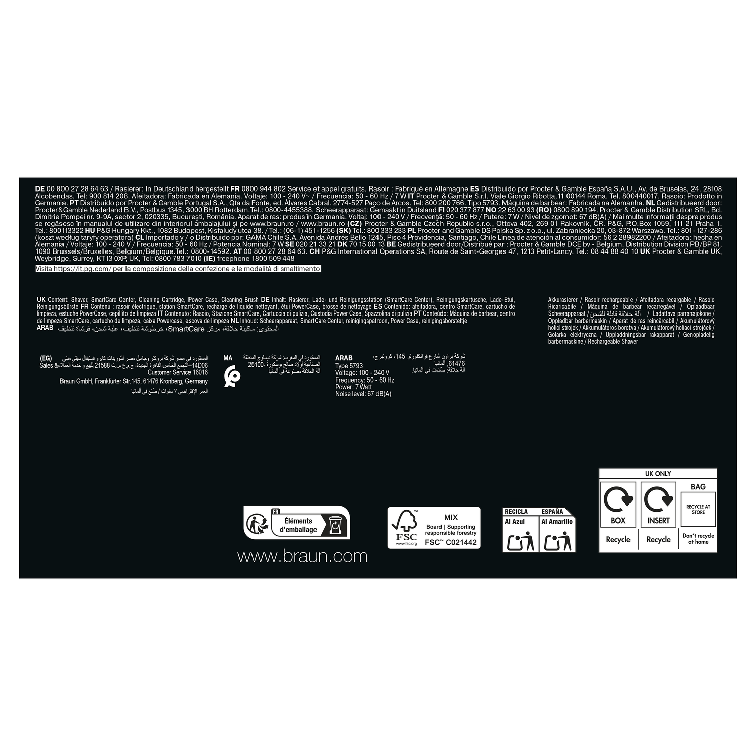 A product box with text in multiple languages, recycling symbols, and a website address.