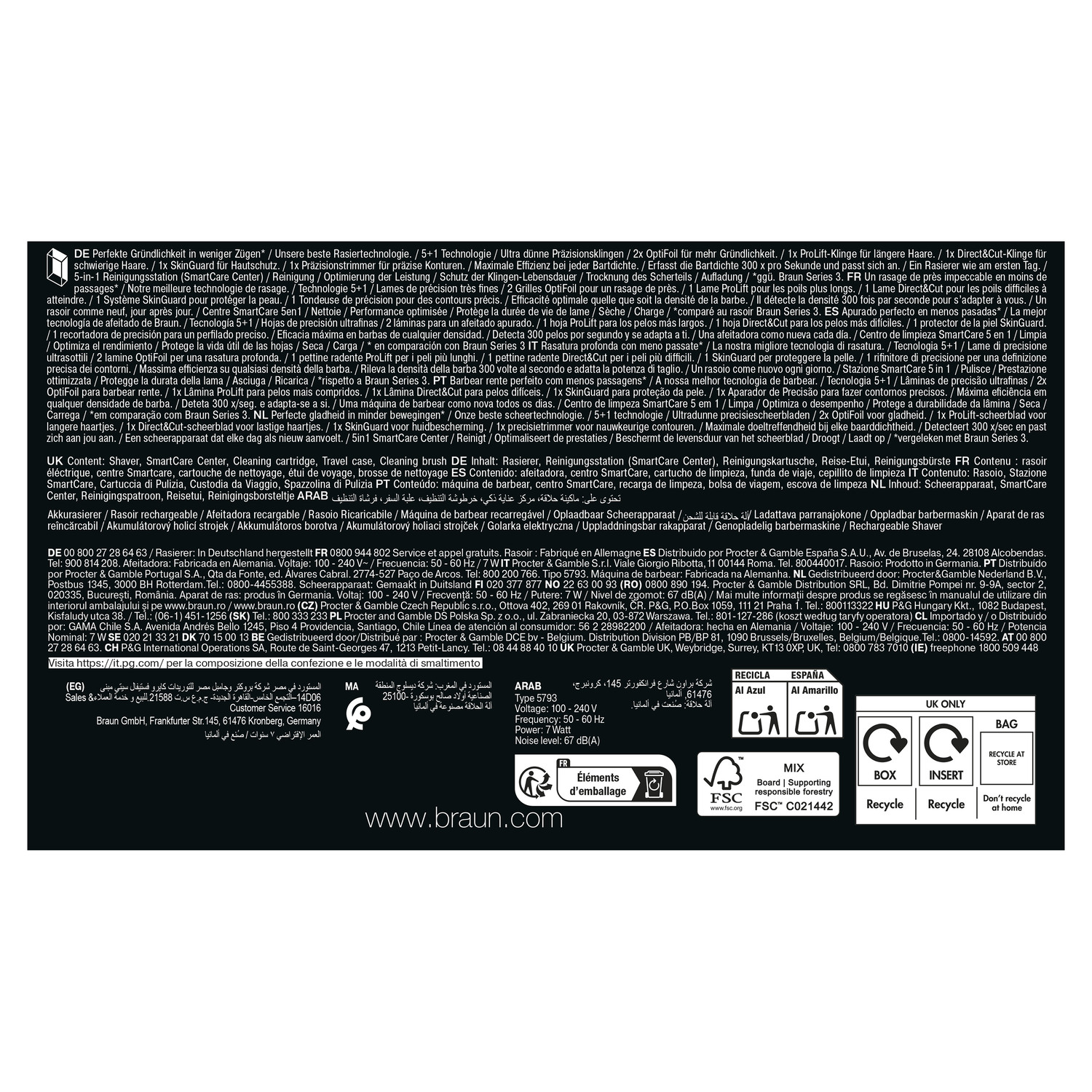 A product box with text and graphics, including a shaver and recycling symbols.