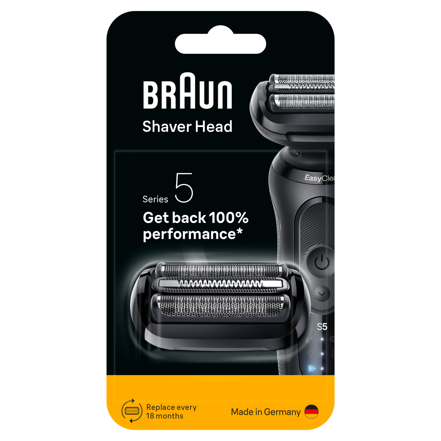 Braun Series 5 shaver head package. Black and silver shaver head with the text 'Get back 100% performance' and 'Made in Germany'.