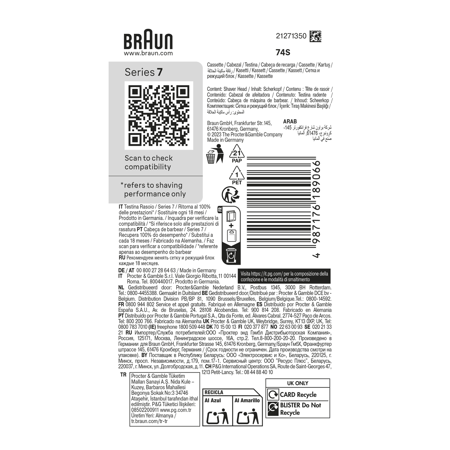 A Braun Series 7 product package. It has text, a QR code, and a barcode.