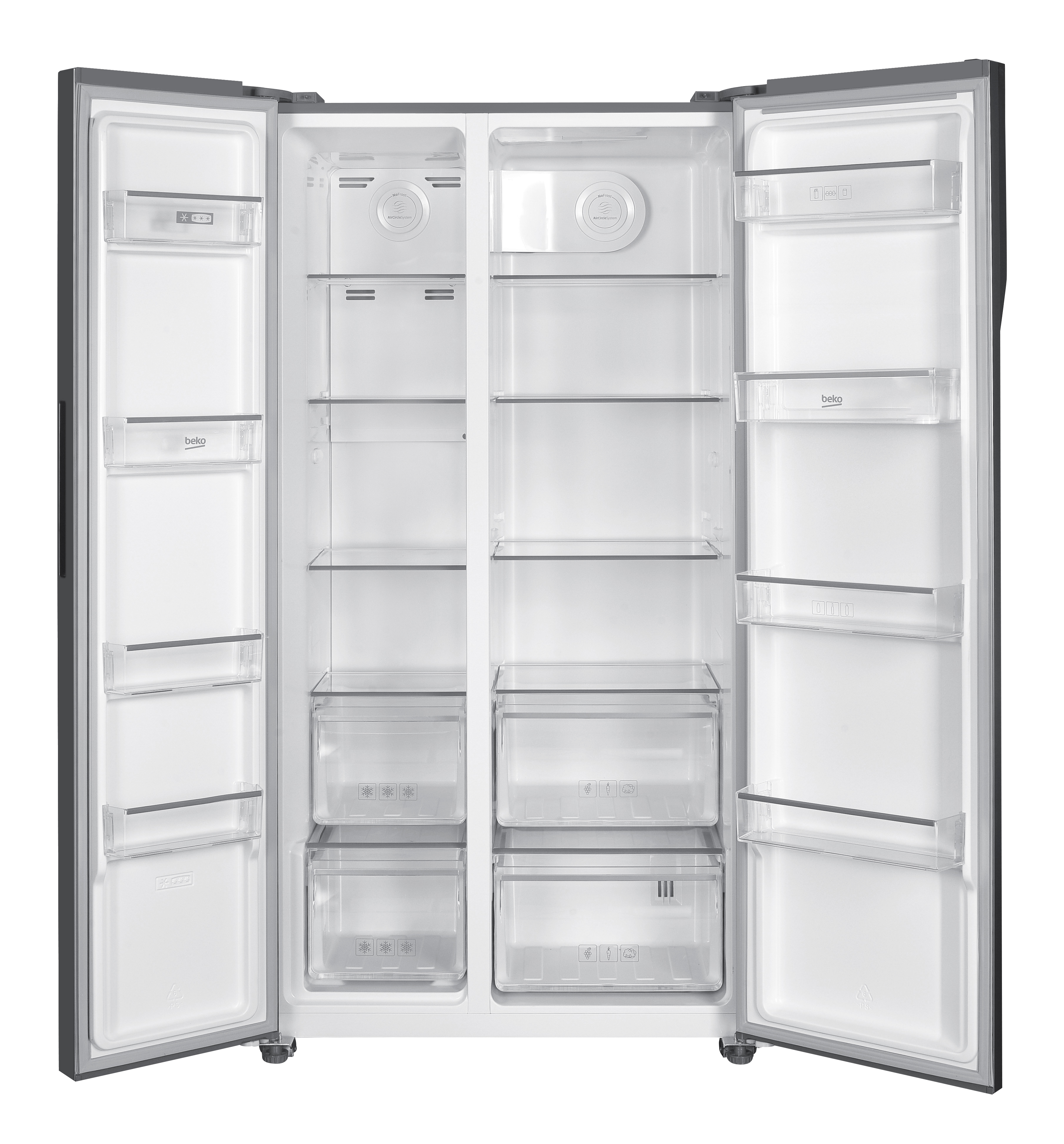 Ein offener, leerer Doppeltürkühlschrank mit Regalen, Schubladen und einem sichtbaren Markenlogo. Die Türen sind offen. Grau und Weiß.