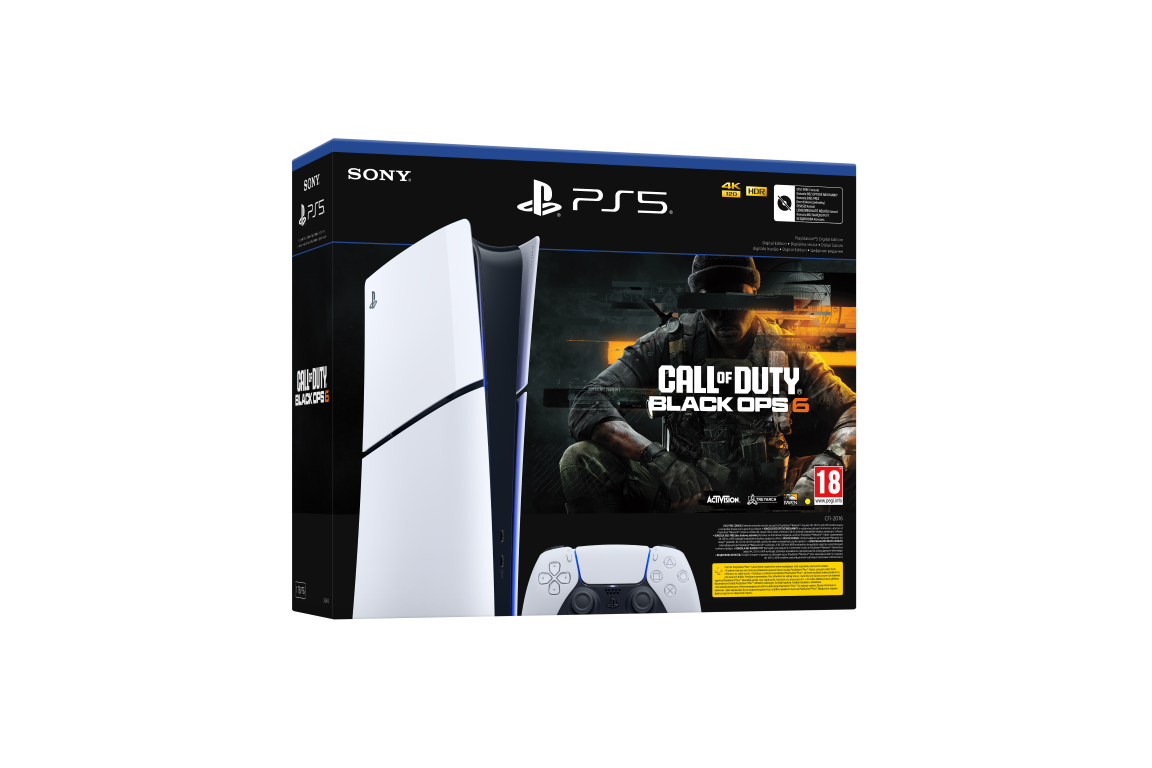 Konsola PlayStation 5 i pudełko z grą Call of Duty: Black Ops 6. Kontroler umieszczony z przodu.