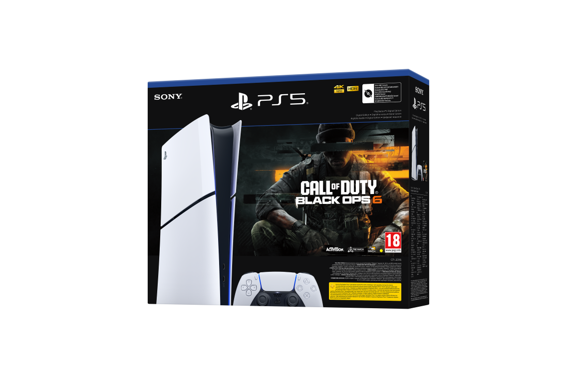 Konsola PS5 i kontroler obok pudełka z grą Call of Duty: Black Ops 6. Na pudełku widnieje żołnierz.