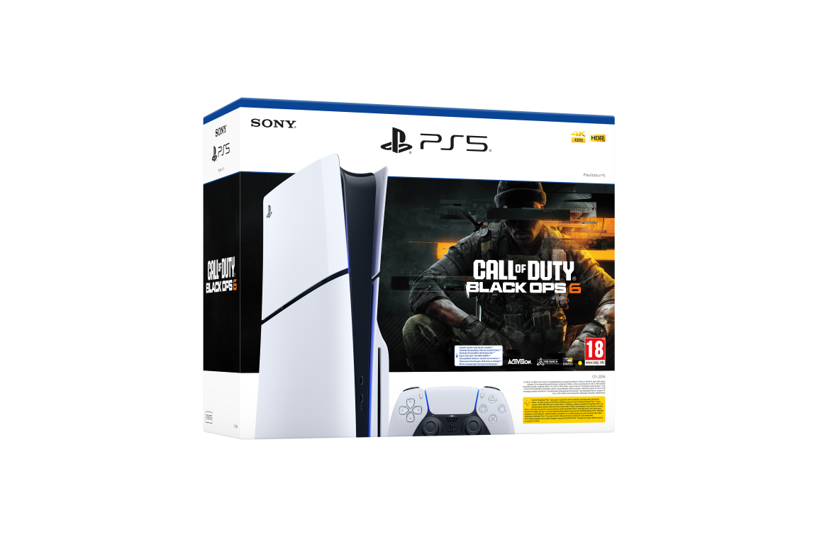 Konsola PS5 z pudełkiem gry Call of Duty: Black Ops 6. Biała konsola z czarnym pudełkiem z żołnierzem.