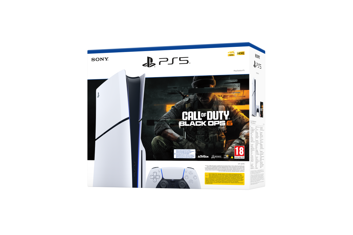 Konsola PlayStation 5 z pudełkiem z grą. Na pudełku jest Call of Duty: Black Ops 6. Kontroler na dole.