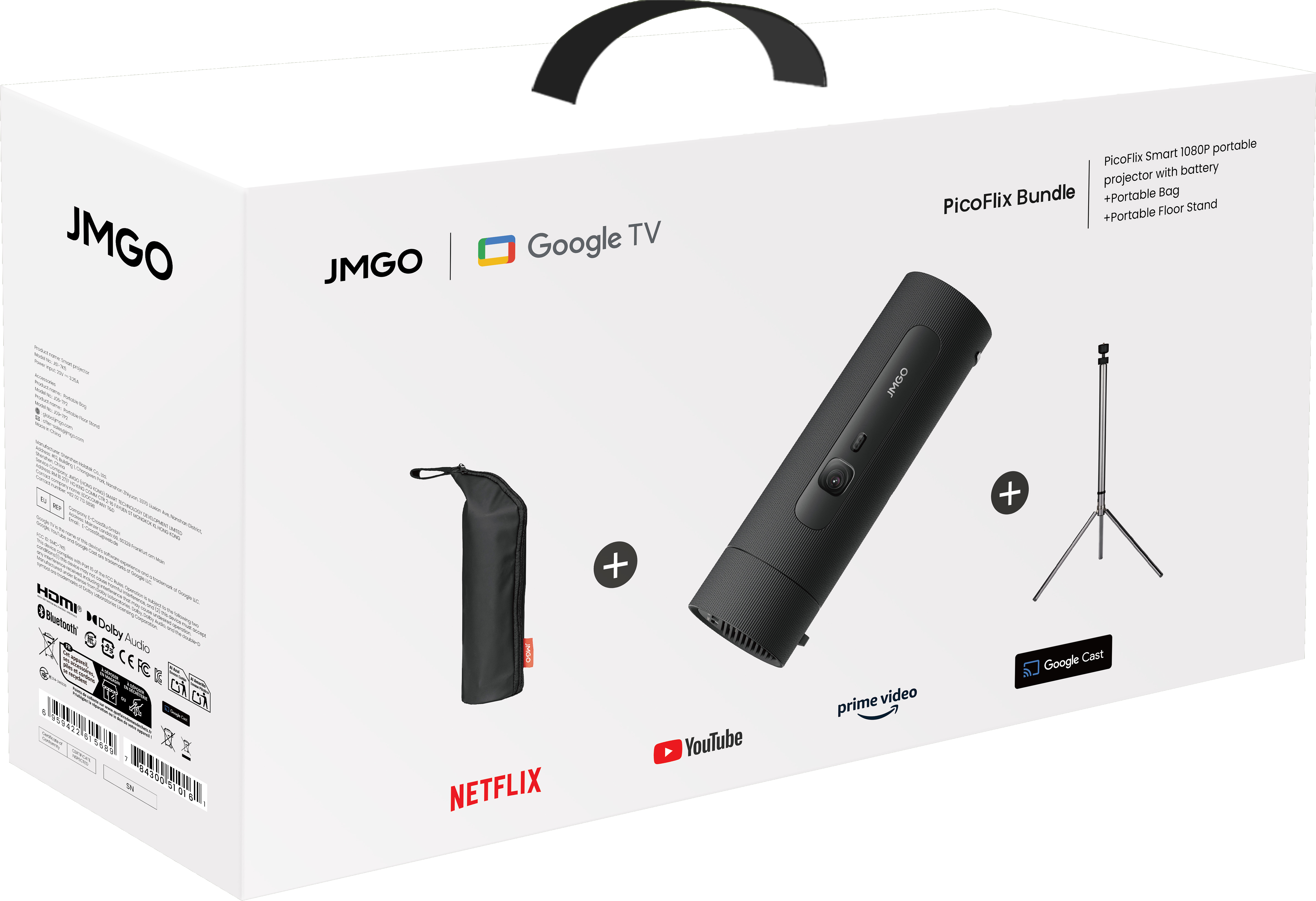 Scatola bianca con manico nero. Contiene proiettore, borsa e supporto. Loghi: Netflix, YouTube e Google TV.