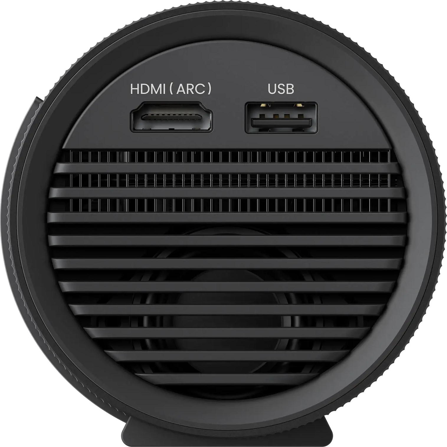 Vista posteriore di un dispositivo cilindrico nero. Ha porte HDMI e USB e una presa d'aria con lamelle orizzontali.