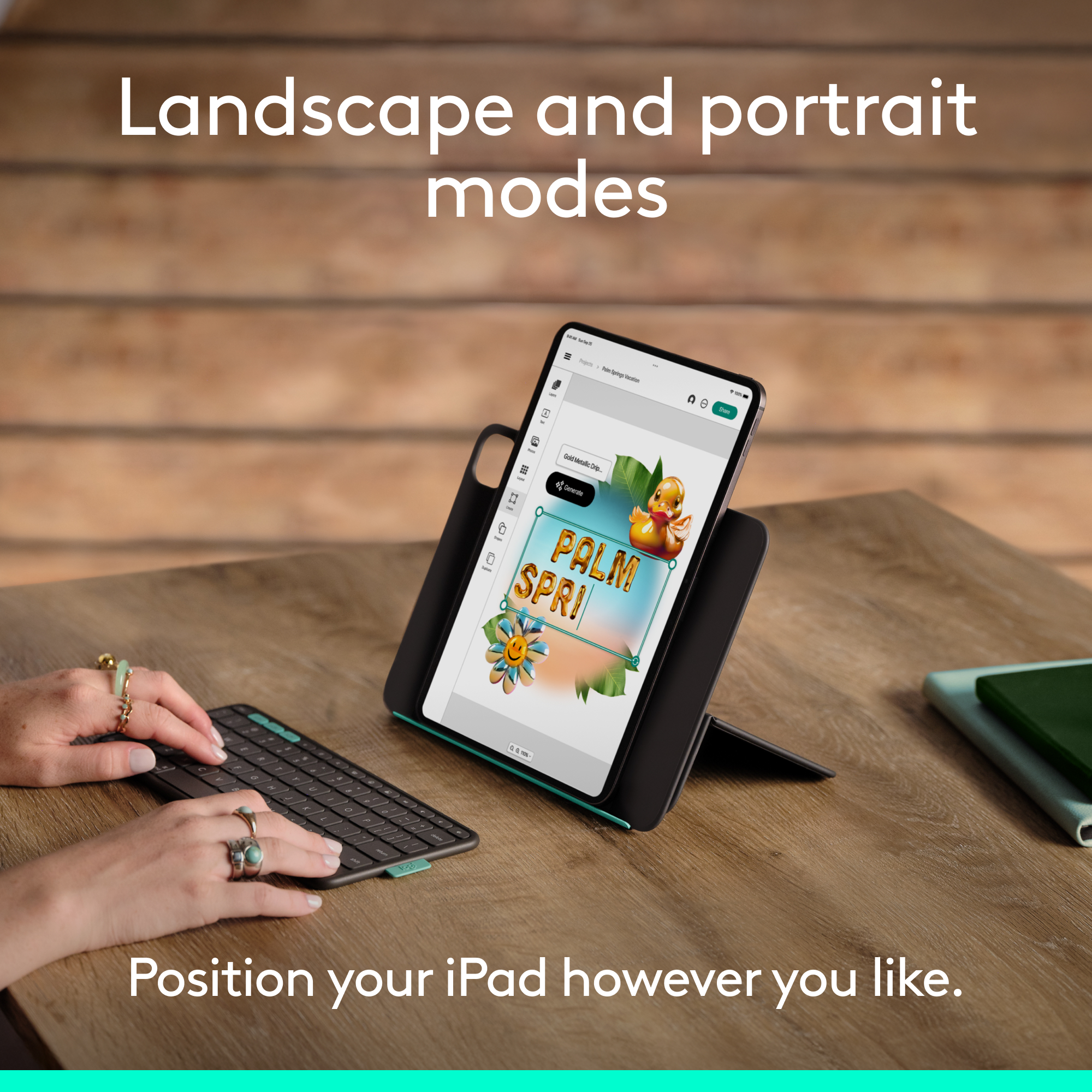 Ein iPad in einer Hülle zeigt 'PALM SPRI'. Eine Tastatur liegt daneben auf einem Holztisch. Text: 'Positionieren Sie Ihr iPad'.