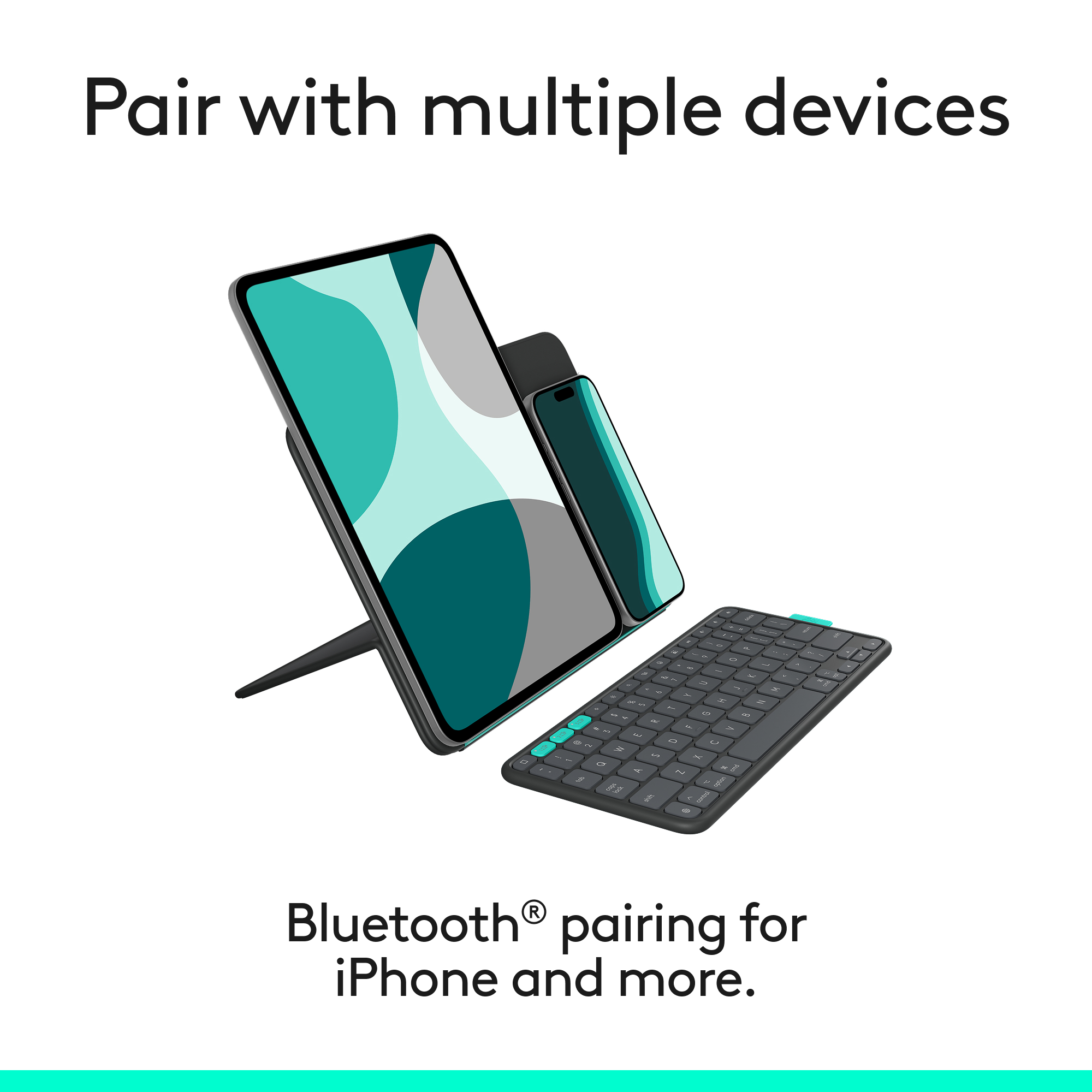 Das Bild zeigt ein Tablet und ein Telefon auf einem Ständer, eine Tastatur und den Text 'Pair with multiple devices'.