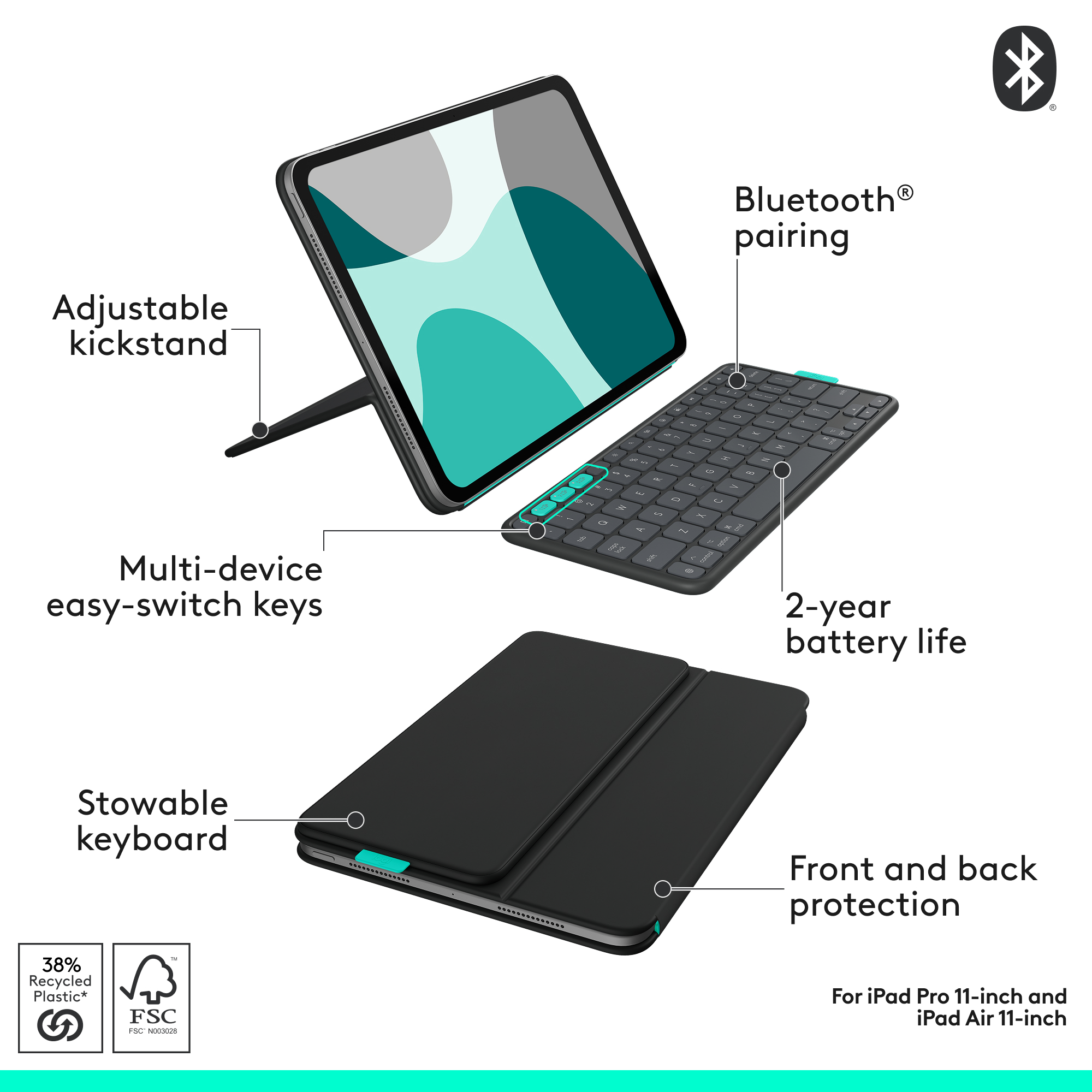 Ein iPad mit schwarzer Tastatur, verstellbarem Ständer und Hülle. Zu den Merkmalen gehören Bluetooth-Pairing, Multi-Device-Tasten und 2 Jahre Akku.