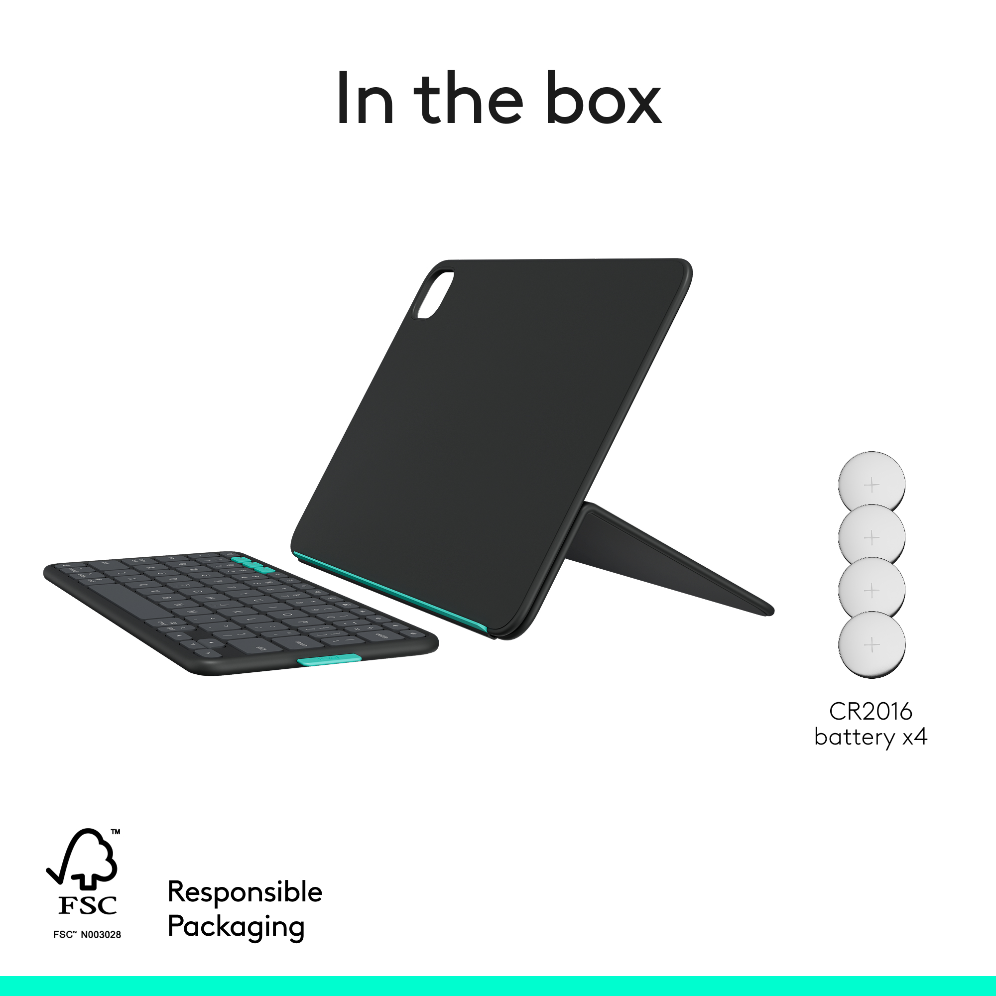 Das Bild zeigt eine schwarze Tastatur und Tablet-Hülle, mit Batterien und dem Text 'In the box'. Verantwortungsbewusstes Verpackungslogo.