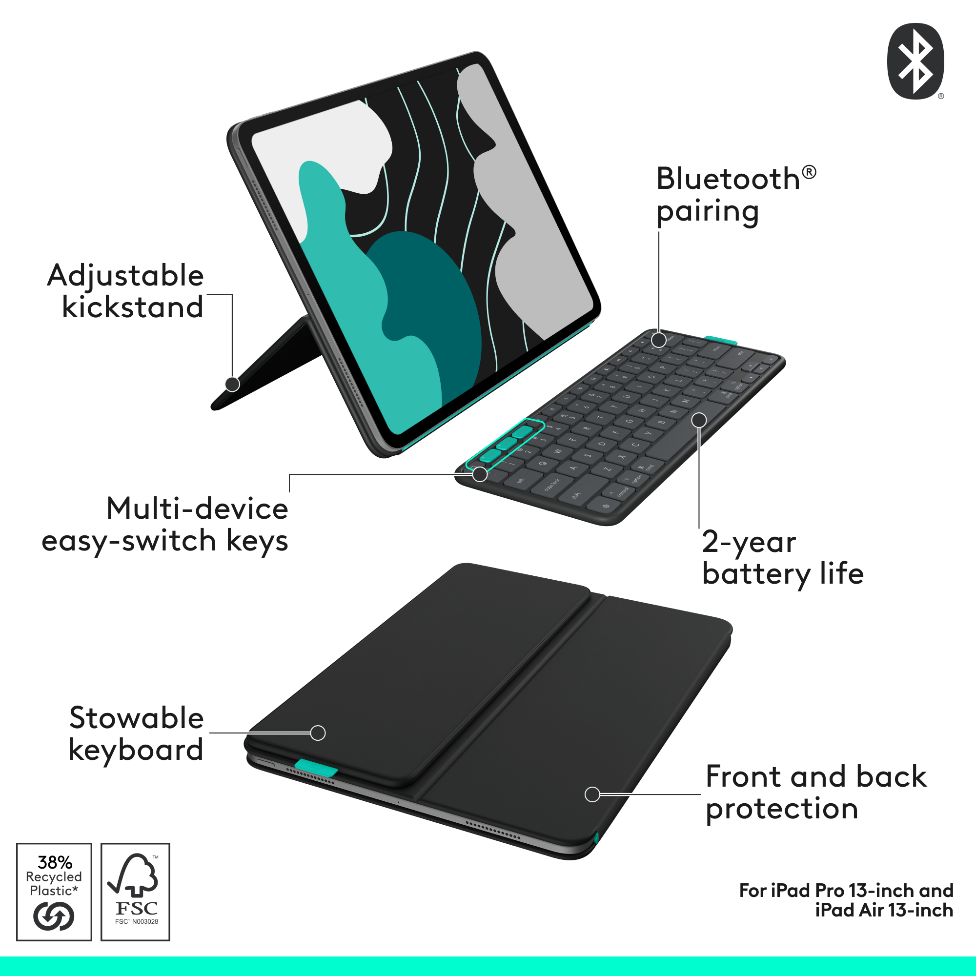 Ein iPad mit Tastatur und Hülle. Zu den Merkmalen gehören ein verstellbarer Ständer, Bluetooth-Kopplung und Multi-Device-Tasten.