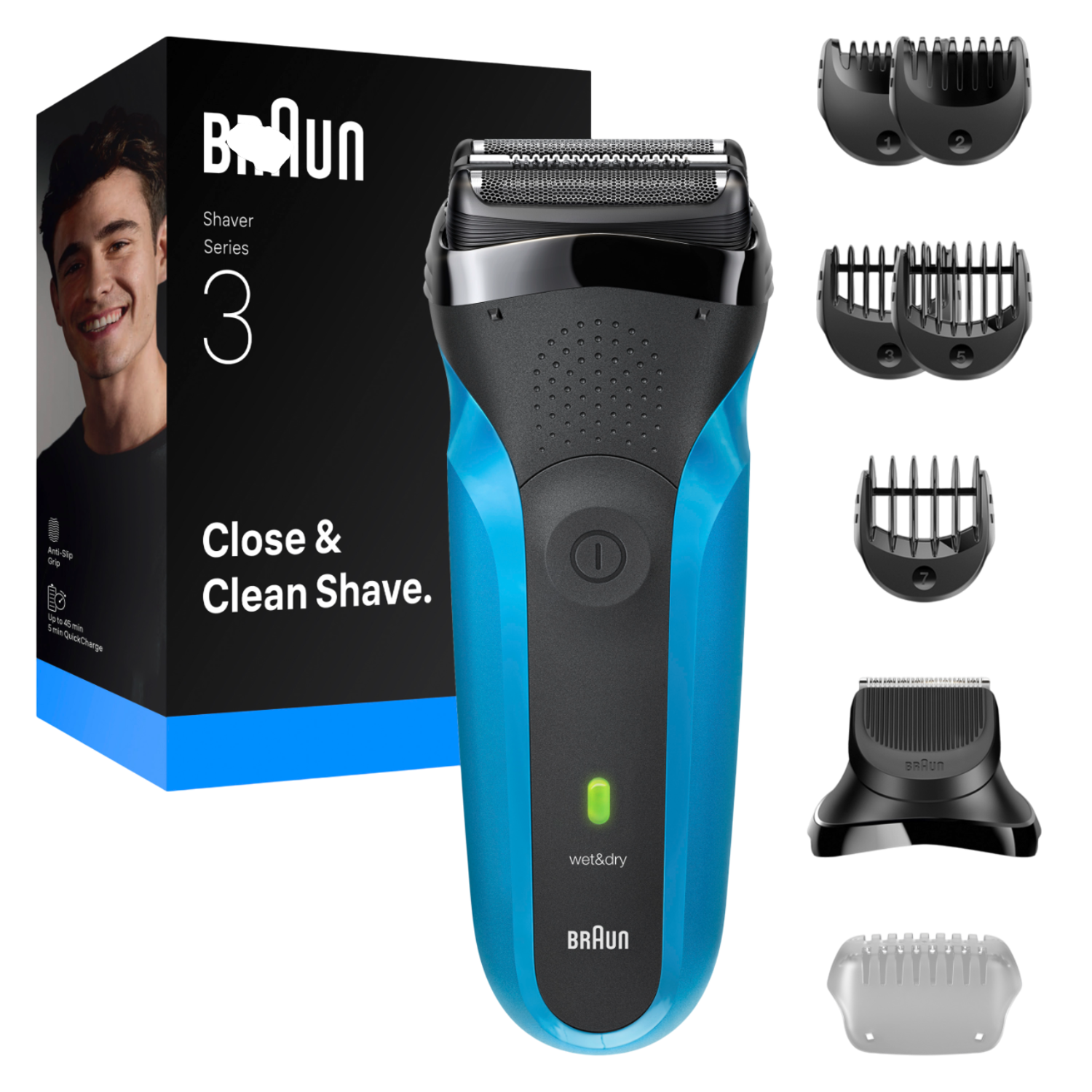Un rasoir électrique Braun Series 3 bleu et noir avec accessoires et emballage. La boîte montre un homme et texte: Close & Clean Shave.