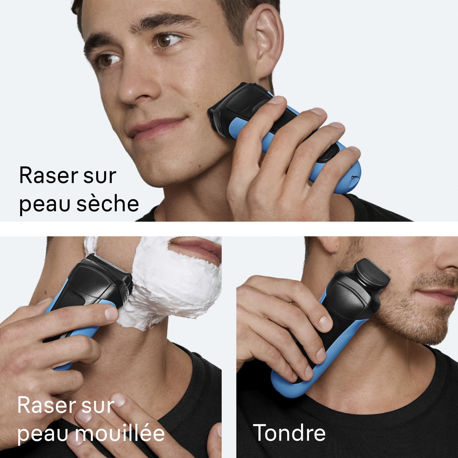 Un homme se rase le visage avec un rasoir électrique. L'image montre trois scénarios de rasage différents: à sec, humide et tonte.