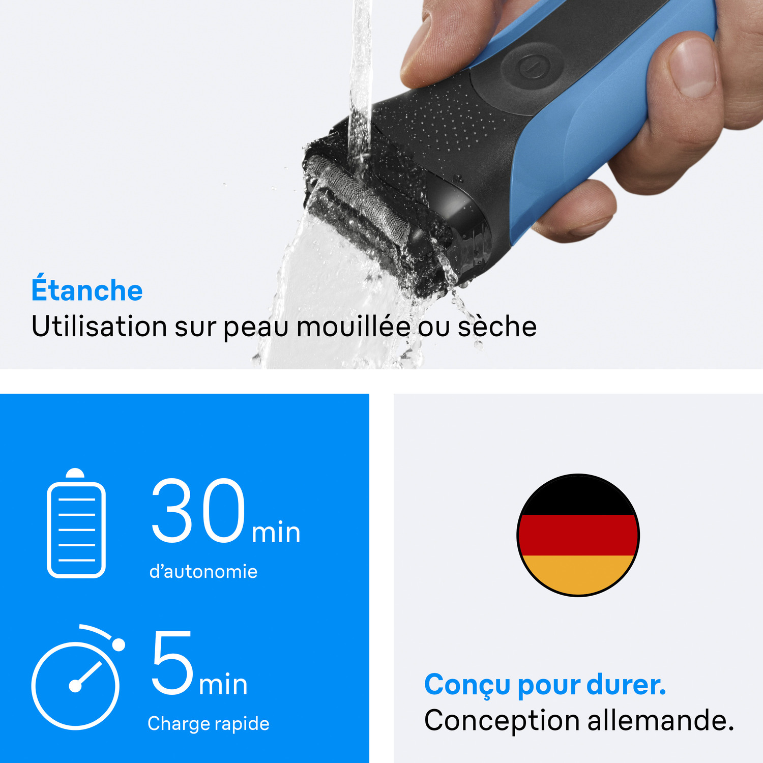 Rasoir bleu et noir rincé à l'eau. Le texte en français met en évidence des caractéristiques telles que l'étanchéité et la charge rapide.