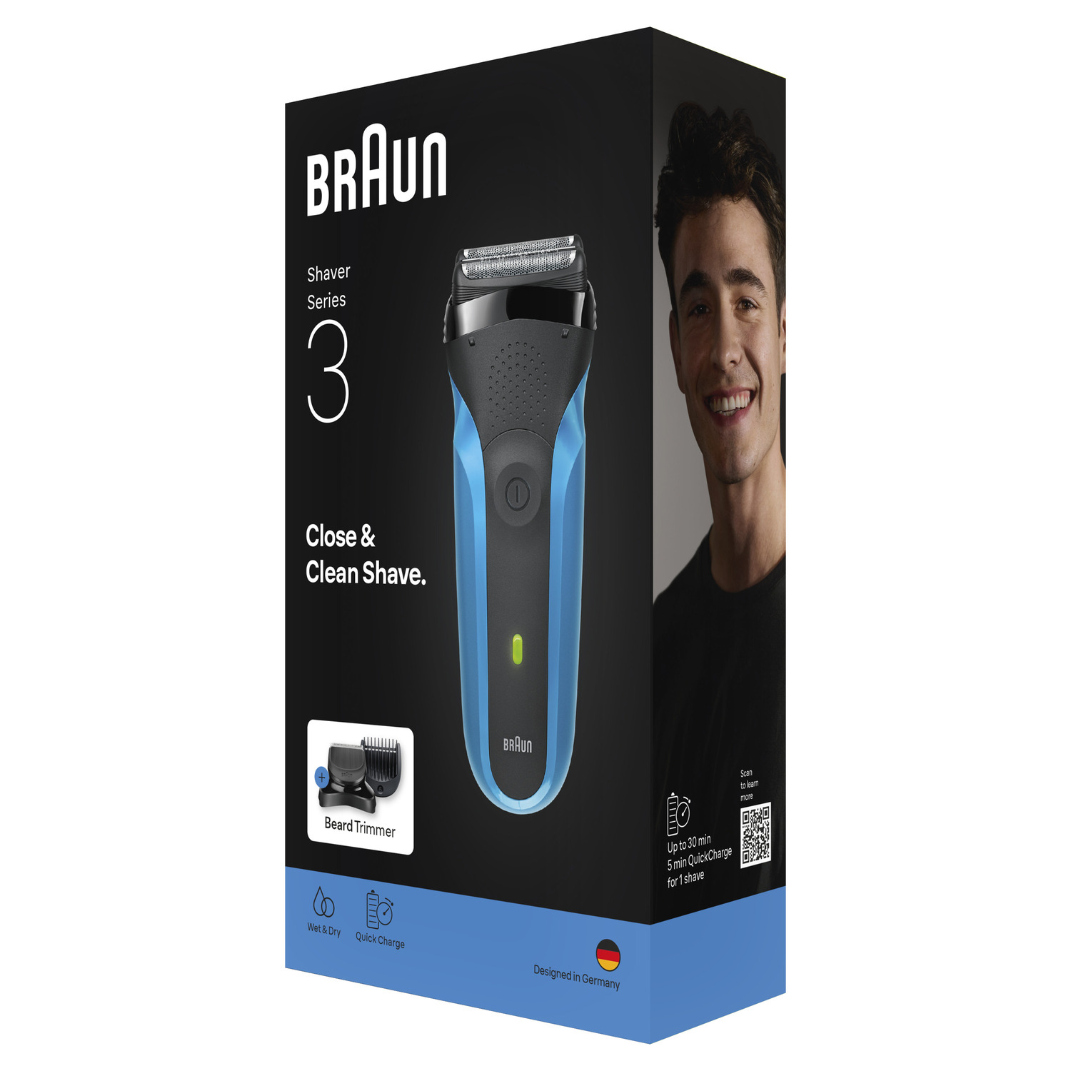 Boîte de rasoir Braun Series 3. Montre un rasoir, des caractéristiques, un homme souriant et du texte.