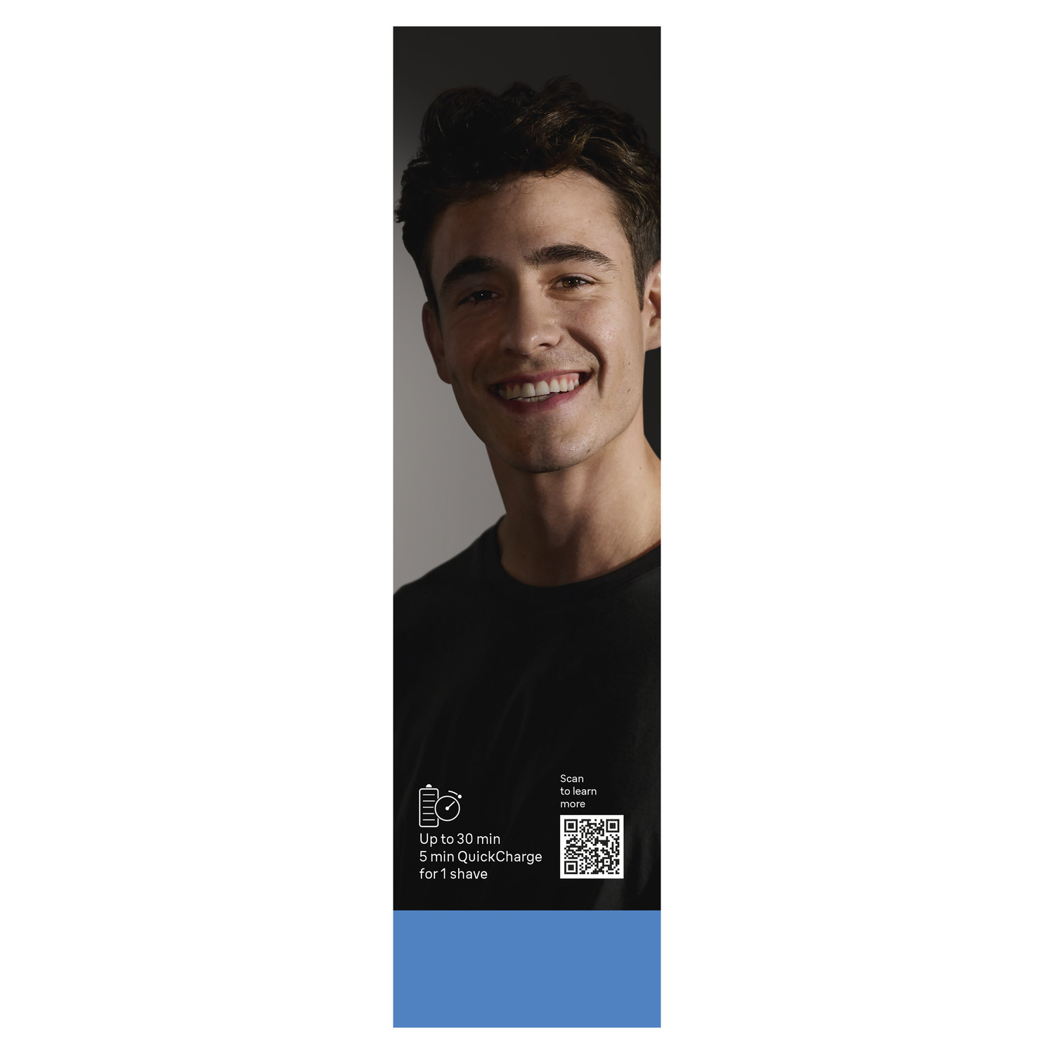Homme souriant en chemise noire. Texte : Jusqu'à 30 min, Charge rapide 5 min. Code QR. Barre bleue en bas.
