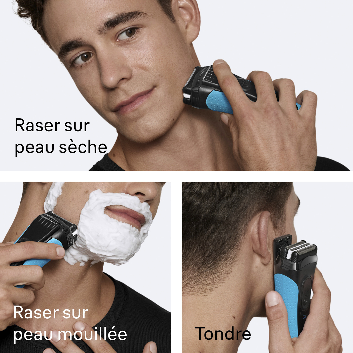 Un homme se rase avec un rasoir électrique. Trois images montrent le rasage sur peau sèche et mouillée, et la coupe. Le rasoir est noir et bleu.