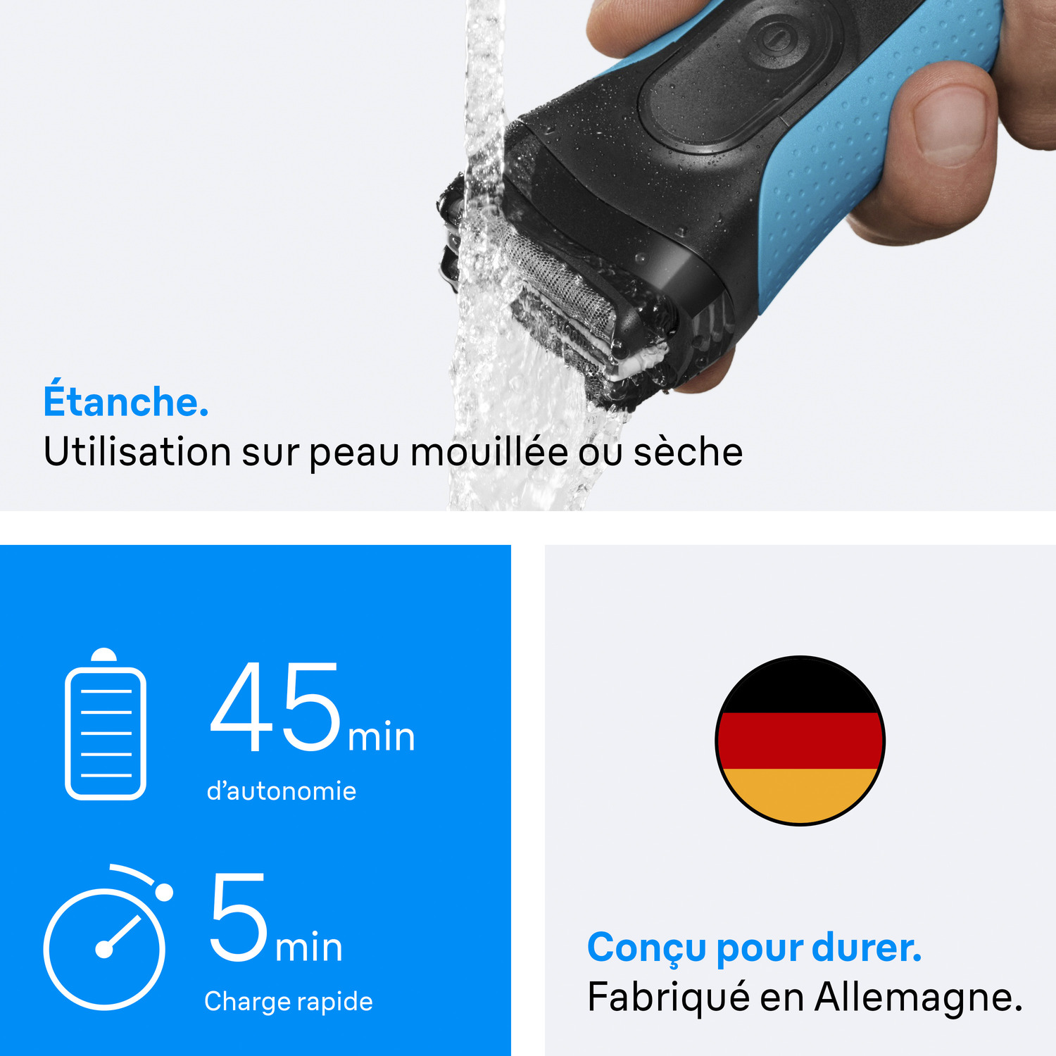 Un rasoir bleu et noir est rincé à l'eau. Le texte indique "Étanche. Utilisation sur peau mouillée ou sèche."