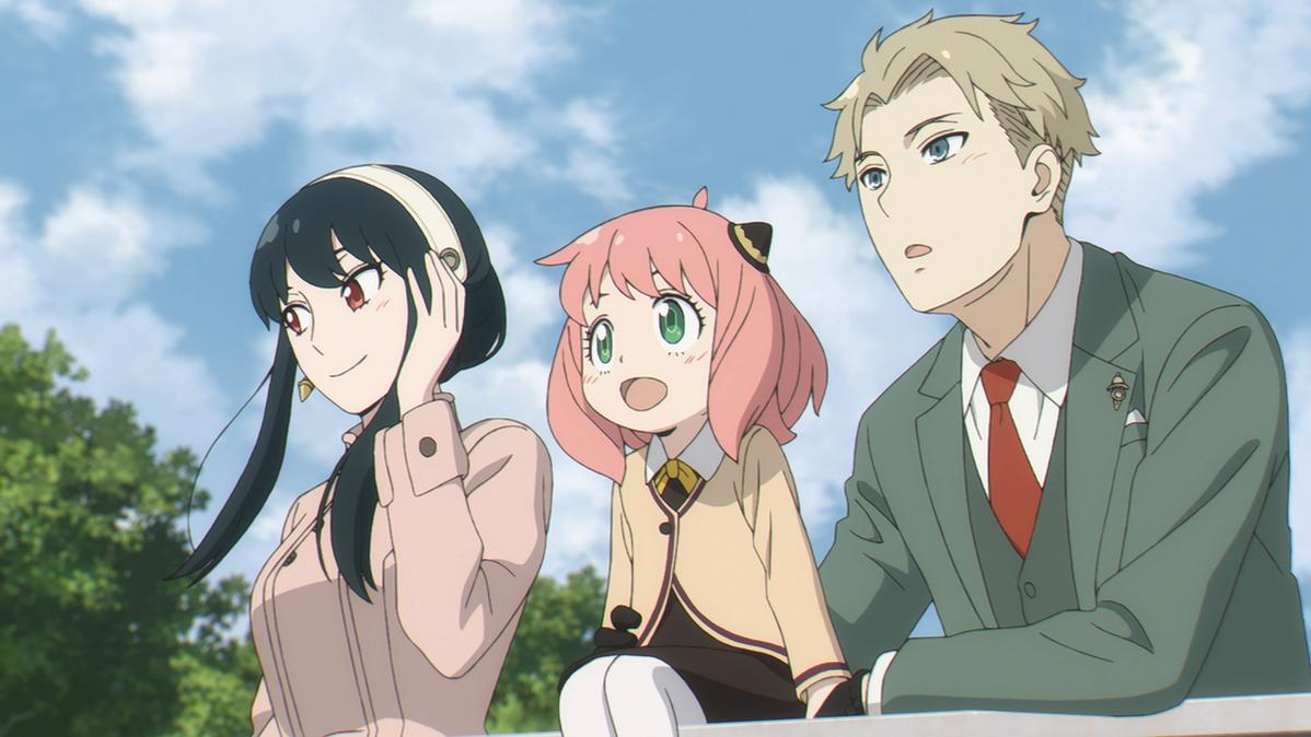 Anime-Familienporträt. Eine Frau, ein Kind und ein Mann stehen zusammen. Himmel und Bäume sind im Hintergrund.