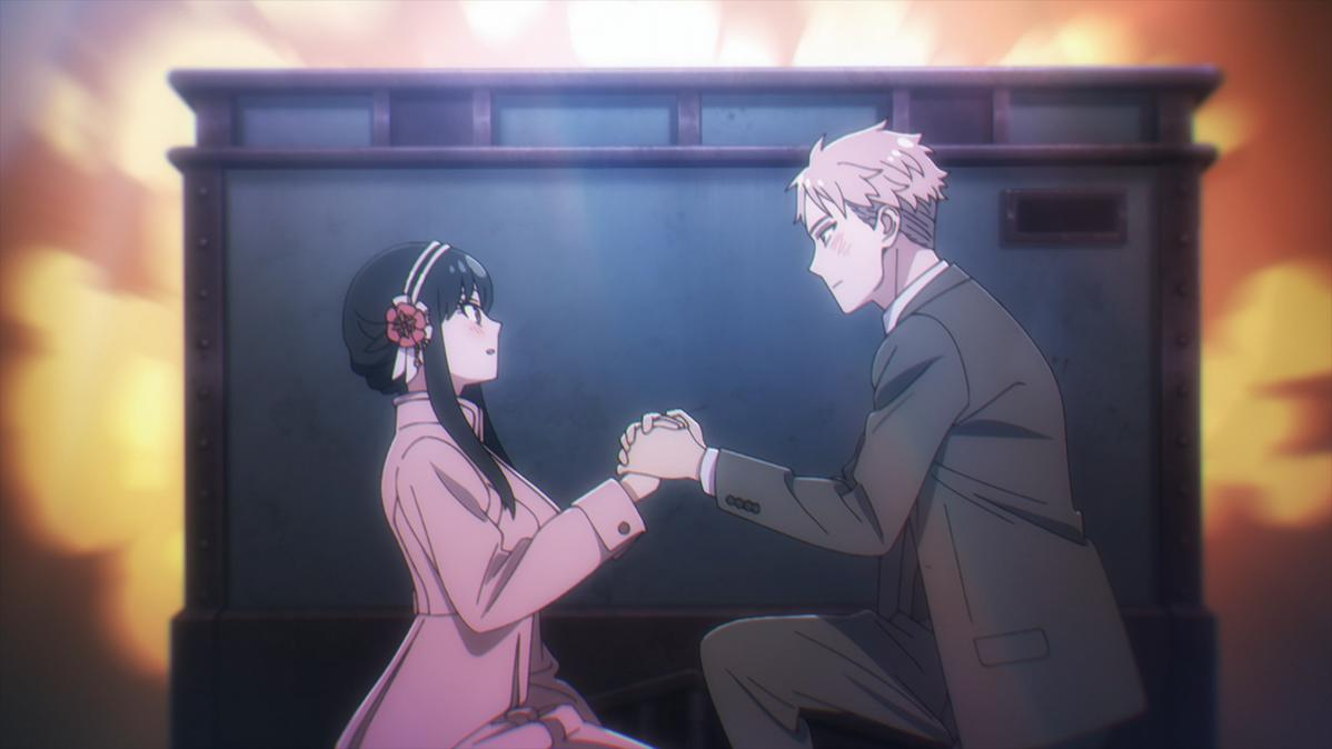 Animeszene. Ein Mann kniet und hält Hände mit einer Frau in einem rosa Mantel. Sie schauen sich an. Der Hintergrund ist ein Waggon.