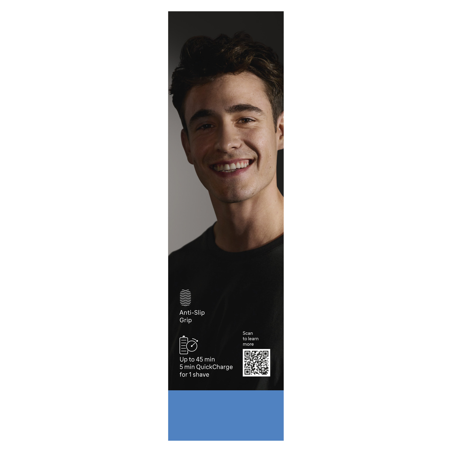 Een lachende man staat centraal. De afbeelding bevat ook productkenmerken en een QR-code.