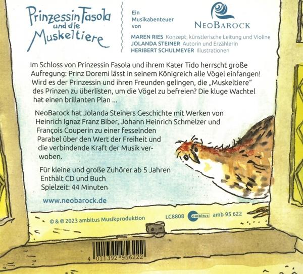 Buchcover mit Text und Illustration. Titel: Prinzessin Fasola und die Muskeltiere. Enthält eine Vogelillustration.