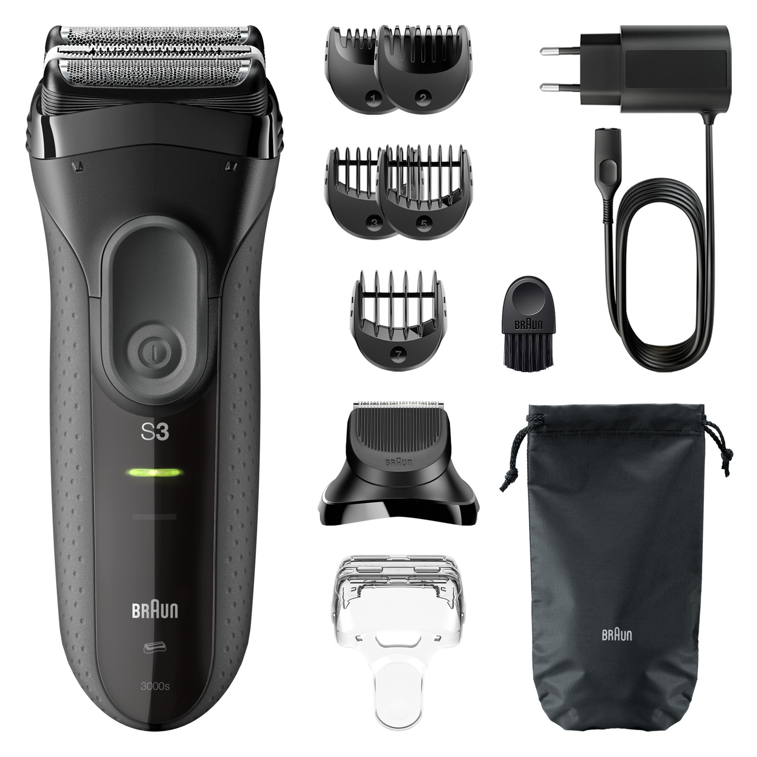 A black Braun electric shaver with accessories: charger, cleaning brush, trimmer heads, and a travel bag.