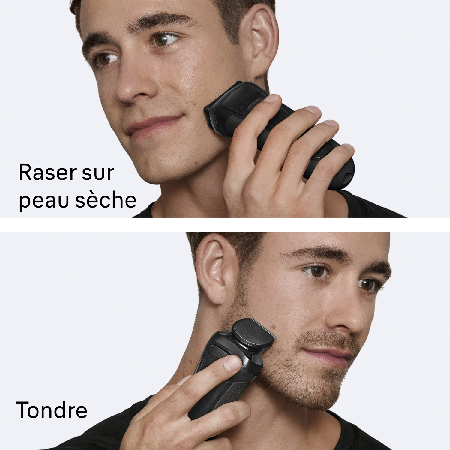 Un homme se rase le visage avec un rasoir électrique noir. Deux images le montrent en train de se raser et de tailler la barbe. Fond blanc.
