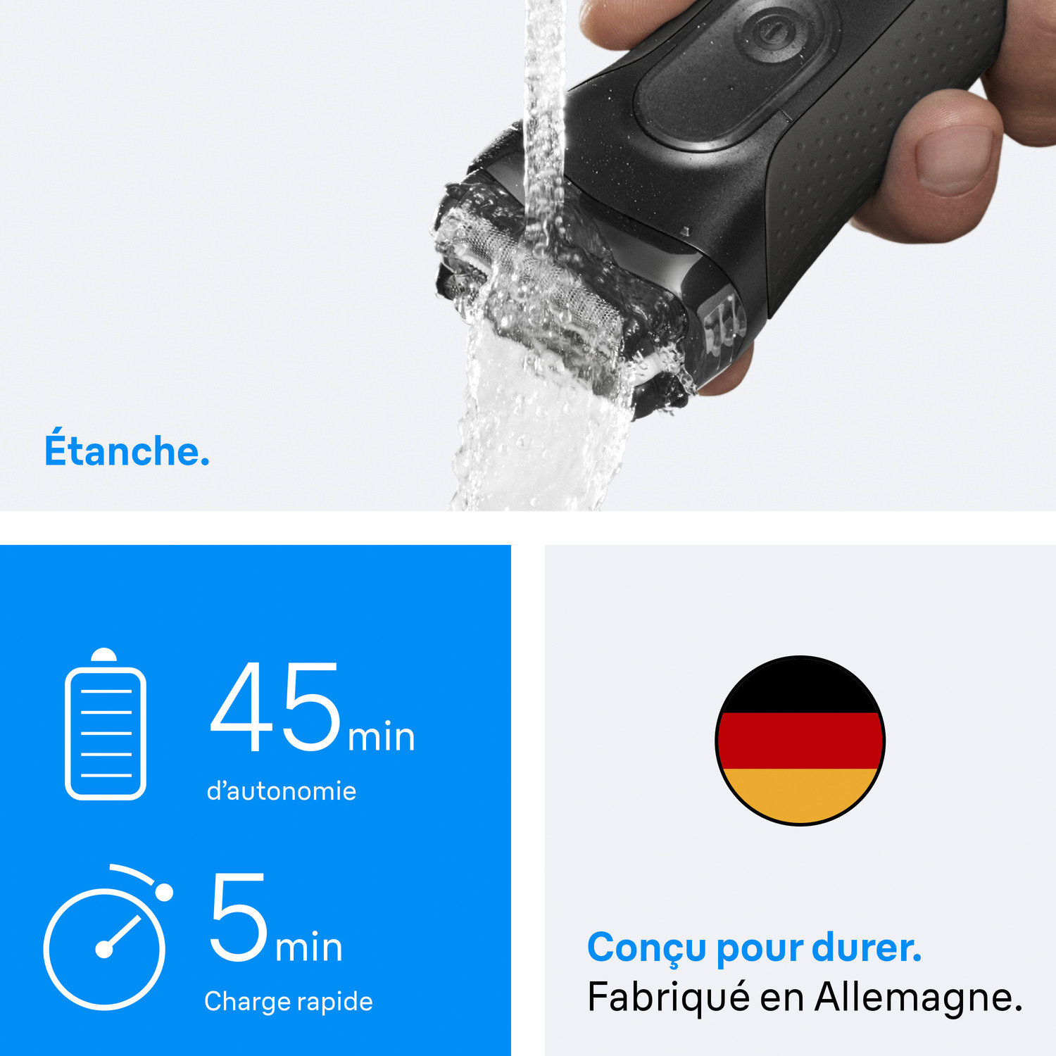 Un rasoir électrique noir sous l'eau courante. Texte : 'Étanche.' En dessous, une icône de batterie avec '45 min' et une minuterie avec '5 min'.