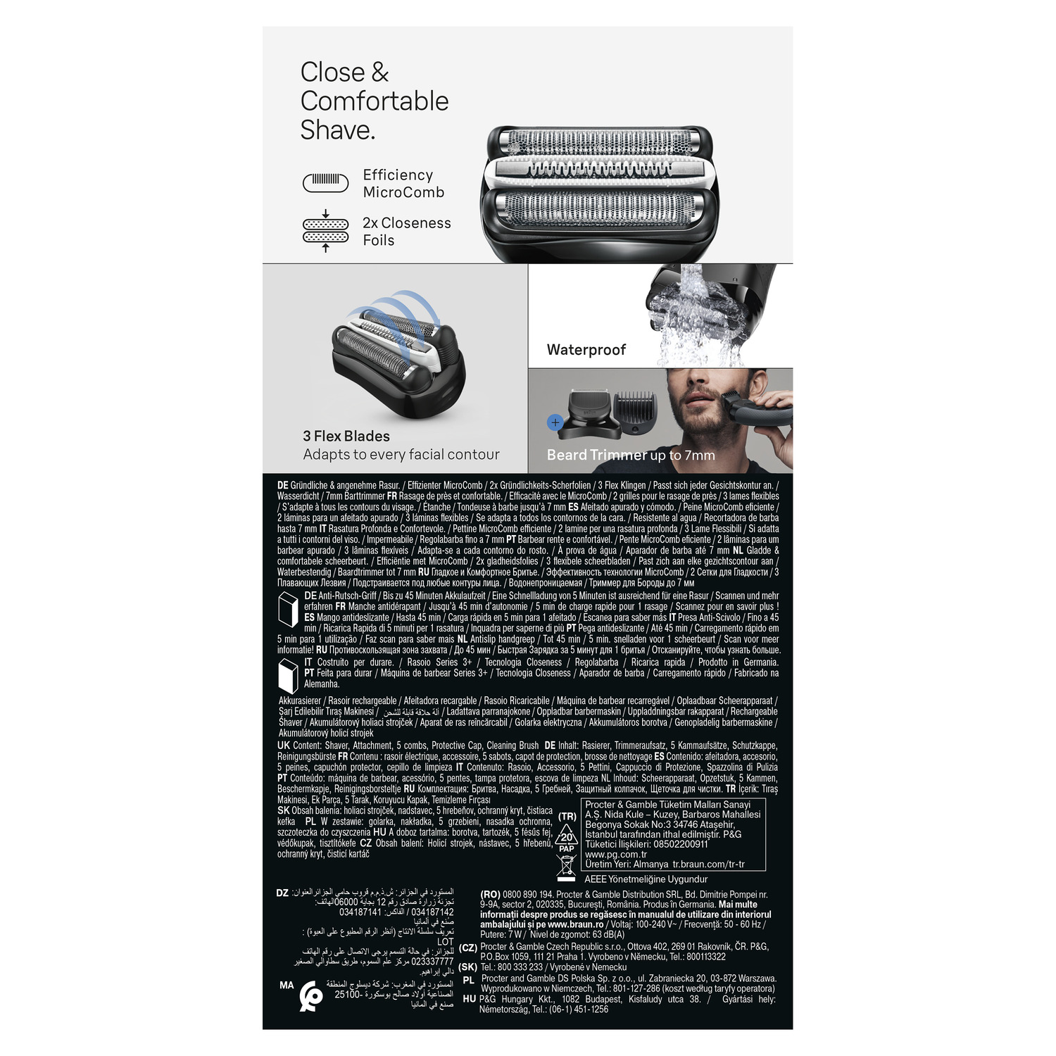 Black electric shaver, close-up. Features include flex blades, waterproof design, and beard trimmer.