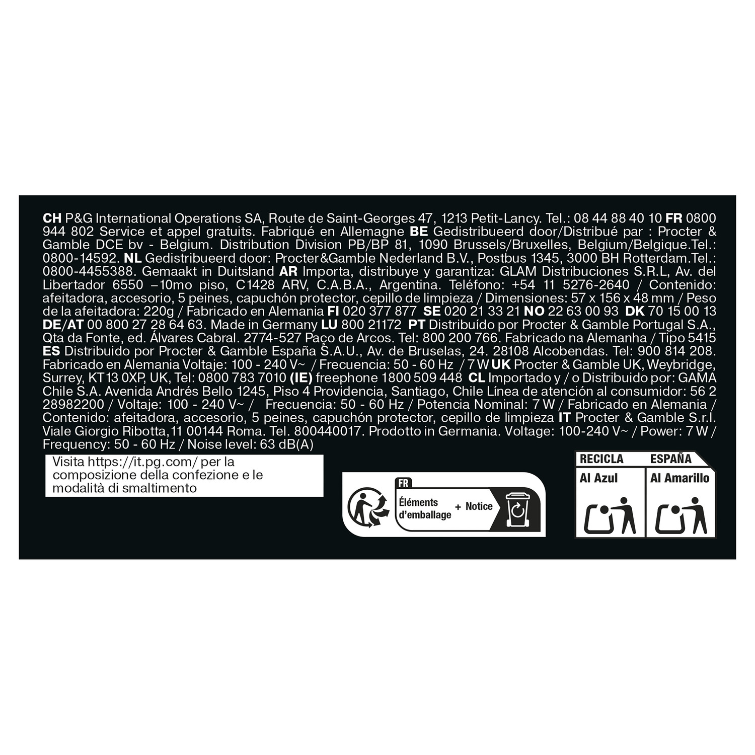 Black and white packaging with recycling symbols and text in multiple languages.